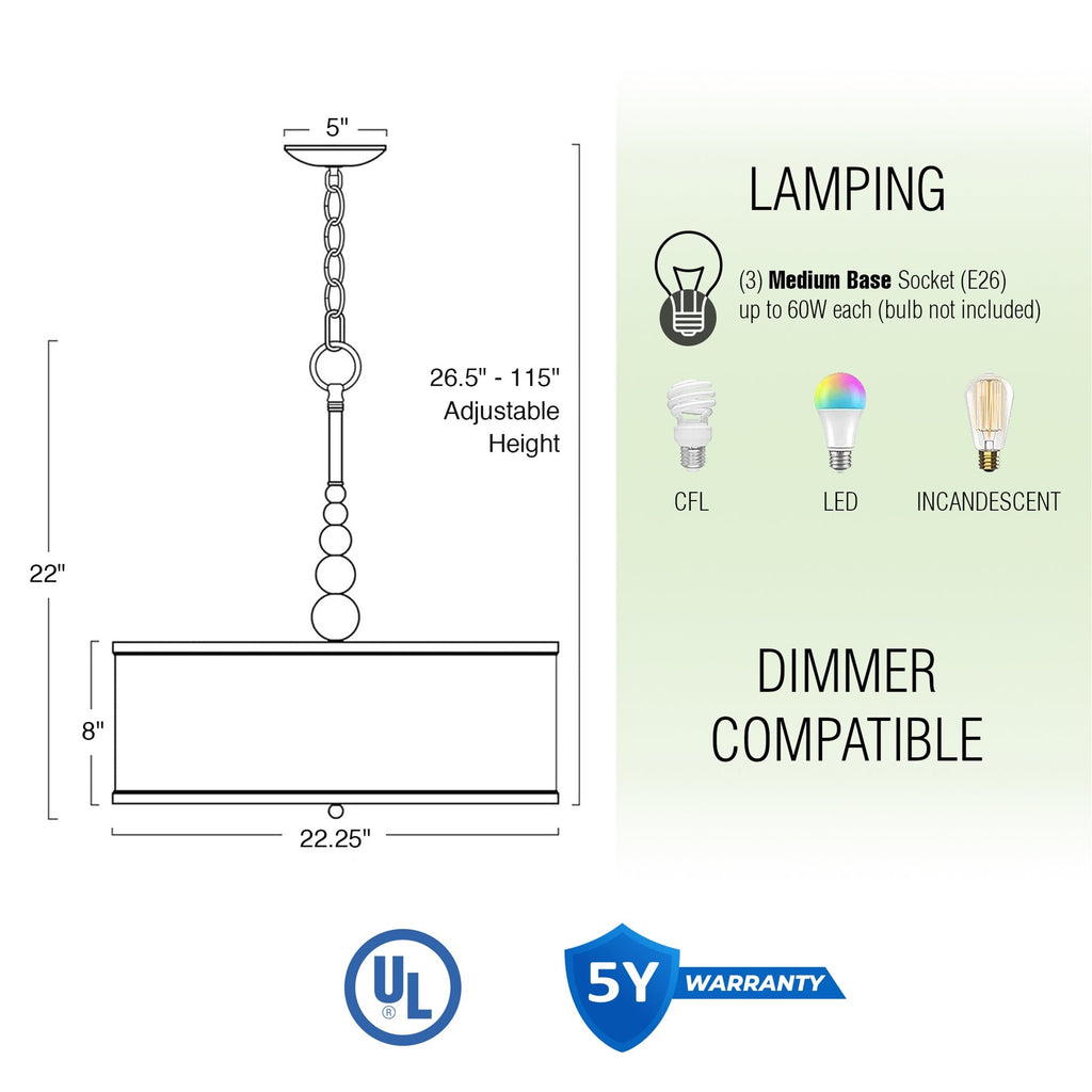 Lustre suspendu moderne Adelade 23 à 3 lumières en forme de tambour