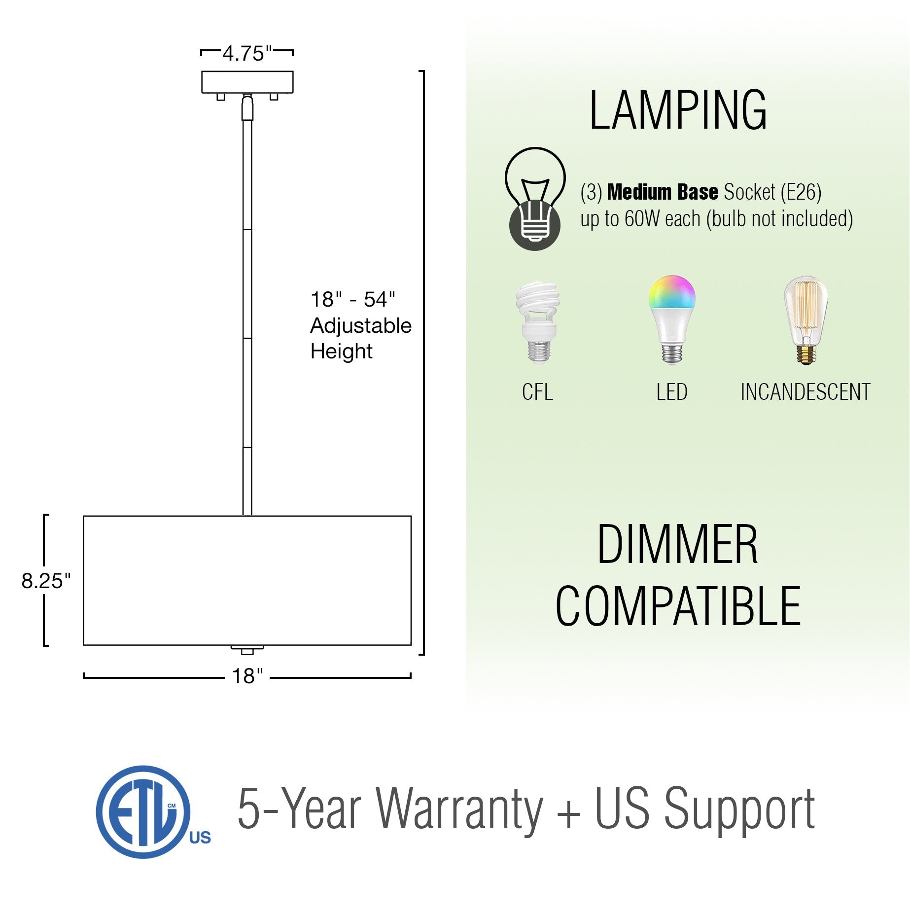 Lustre suspendu moderne Pearl 18 à 3 lumières, grand modèle tambour