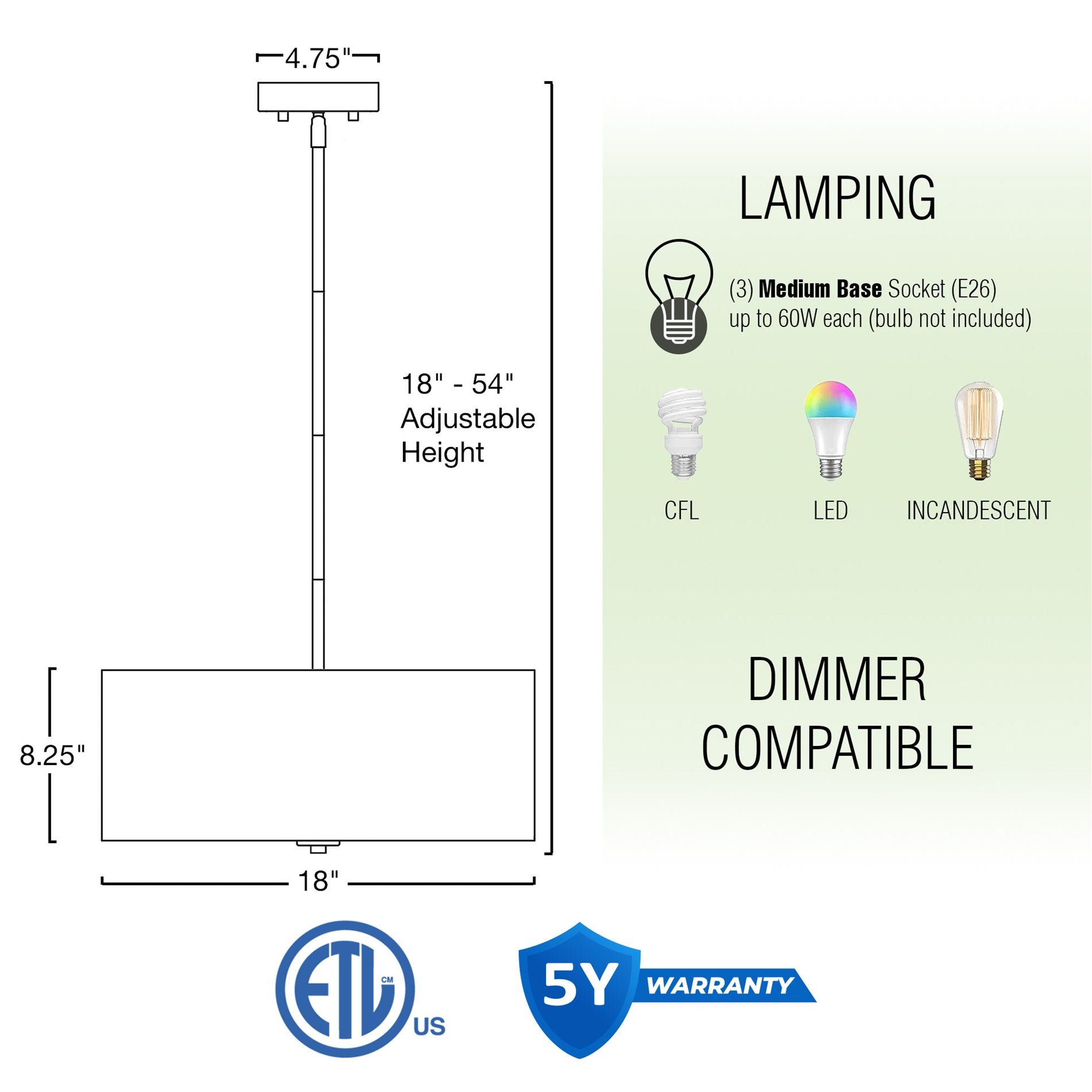 Lustre suspendu moderne Pearl 18 à 3 lumières, grand modèle tambour