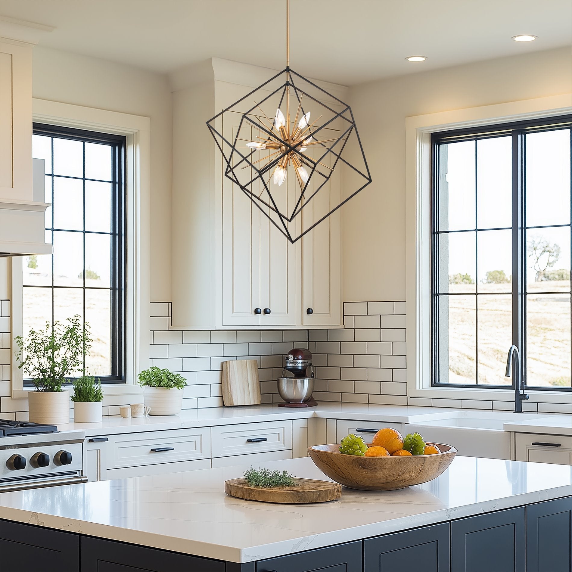 Suspension géométrique Berkshire 27 à 9 lumières, style moderne du milieu du siècle, pour hall d'entrée.