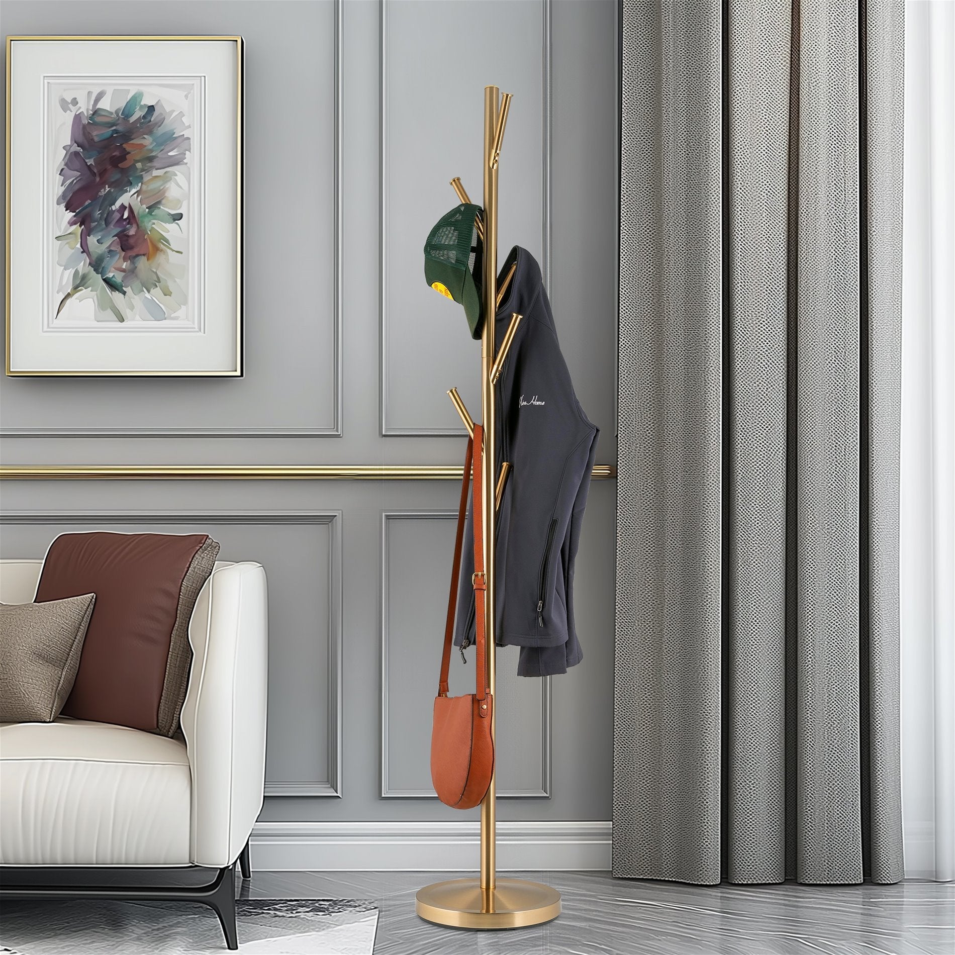 Porte-manteau autoportant moderne Addison 68 à 6 crochets en métal, finition laiton.