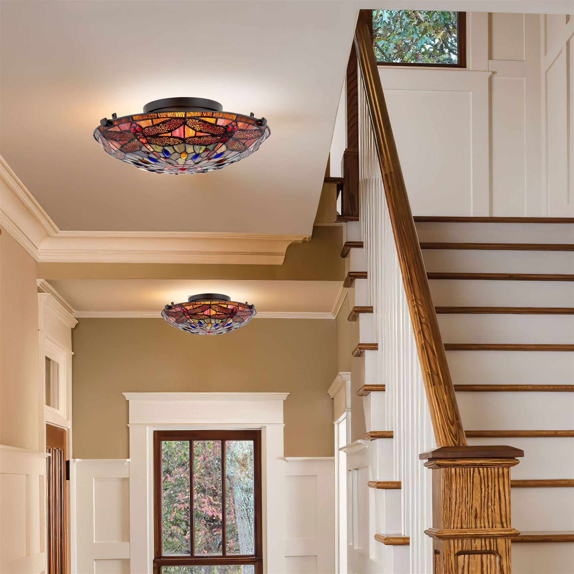 Plafonnier encastré moderne Mateo 16 à 2 lumières en verre Tiffany libellule