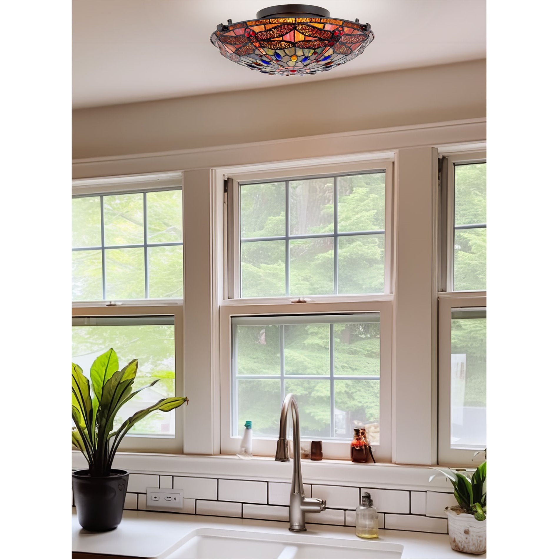 Plafonnier encastré moderne Mateo 16 à 2 lumières en verre Tiffany libellule