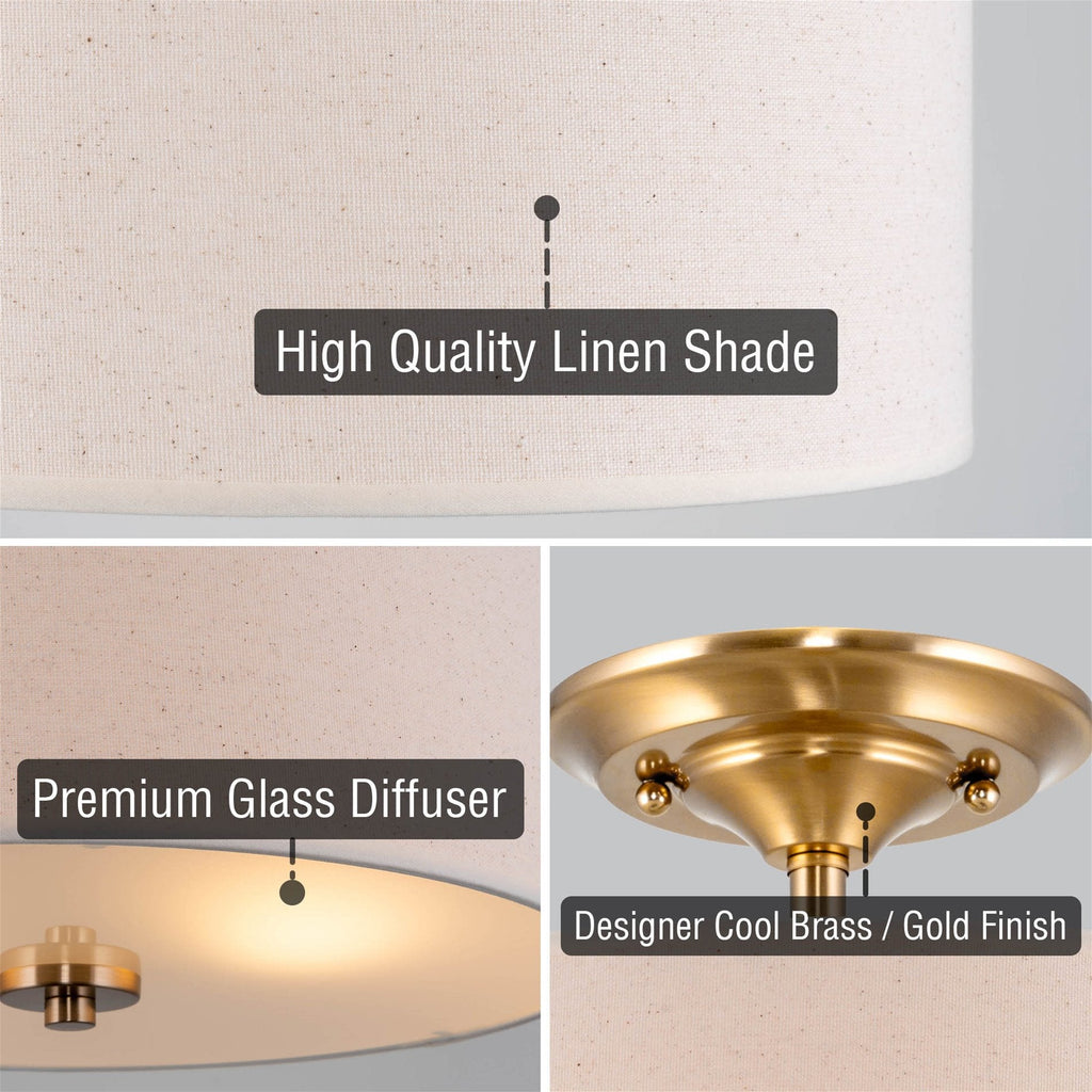 Plafonnier semi-encastré Addison 13 à 2 lumières, finition laiton froid