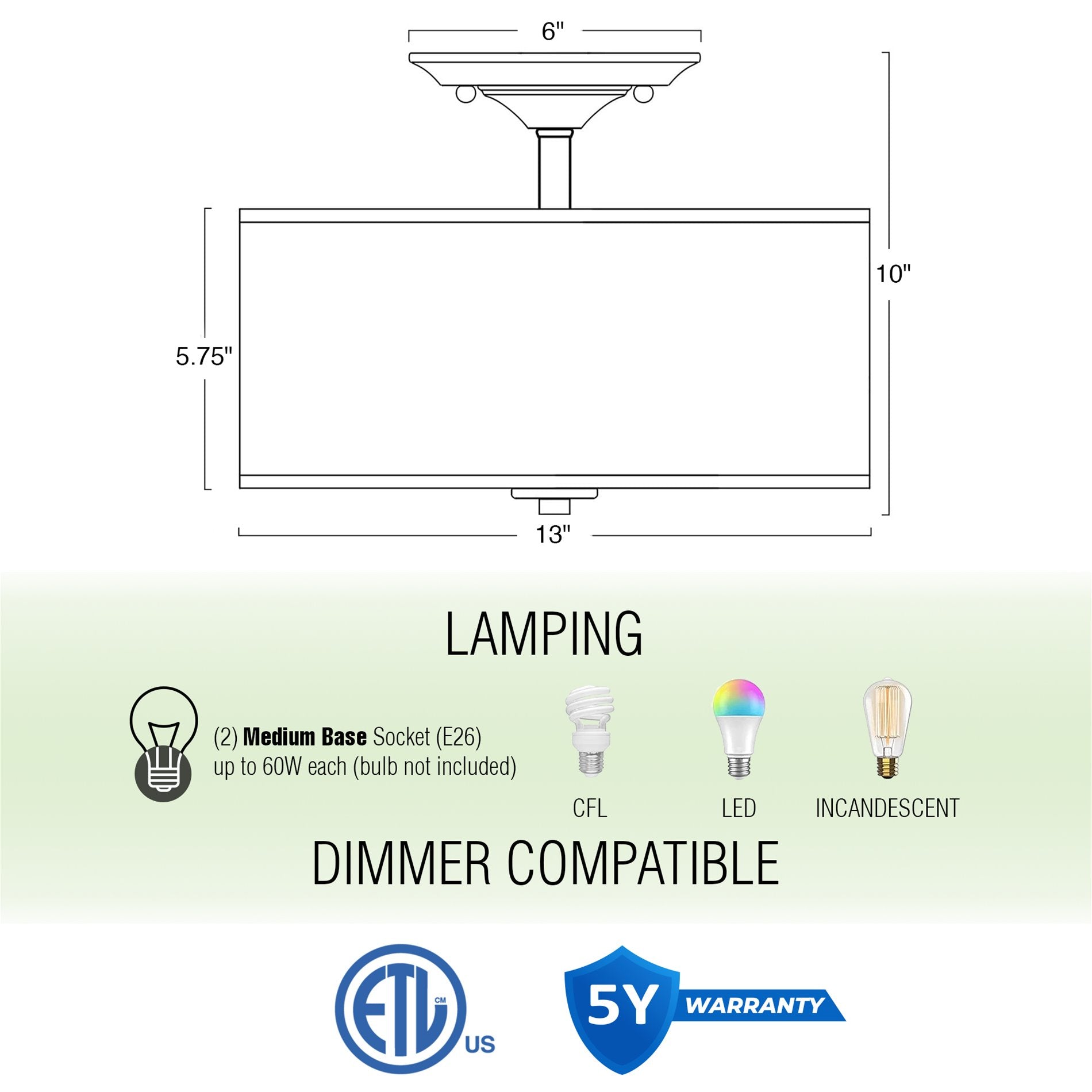 Plafonnier semi-encastré Addison 13 à 2 lumières, finition laiton froid