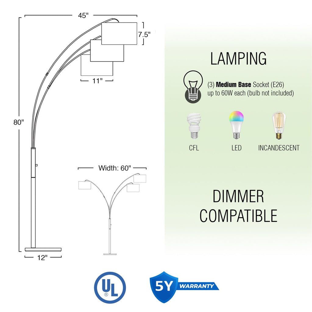 Lampadaire arqué moderne Akira 79 à 3 lumières avec interrupteur à 3 positions