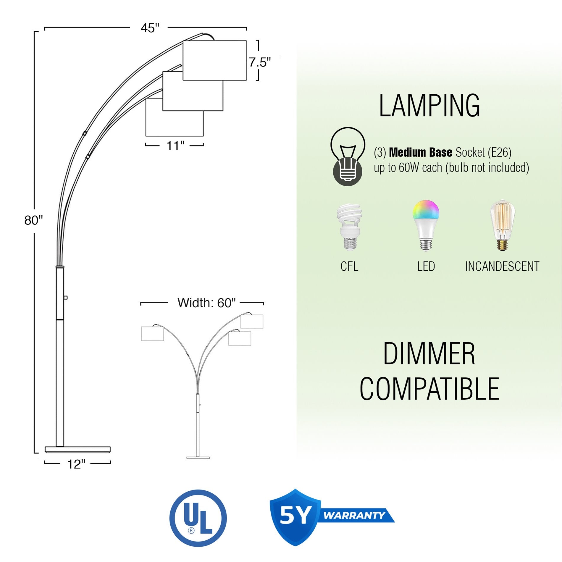 Lampadaire arqué moderne Akira 79 à 3 lumières avec interrupteur à 3 positions