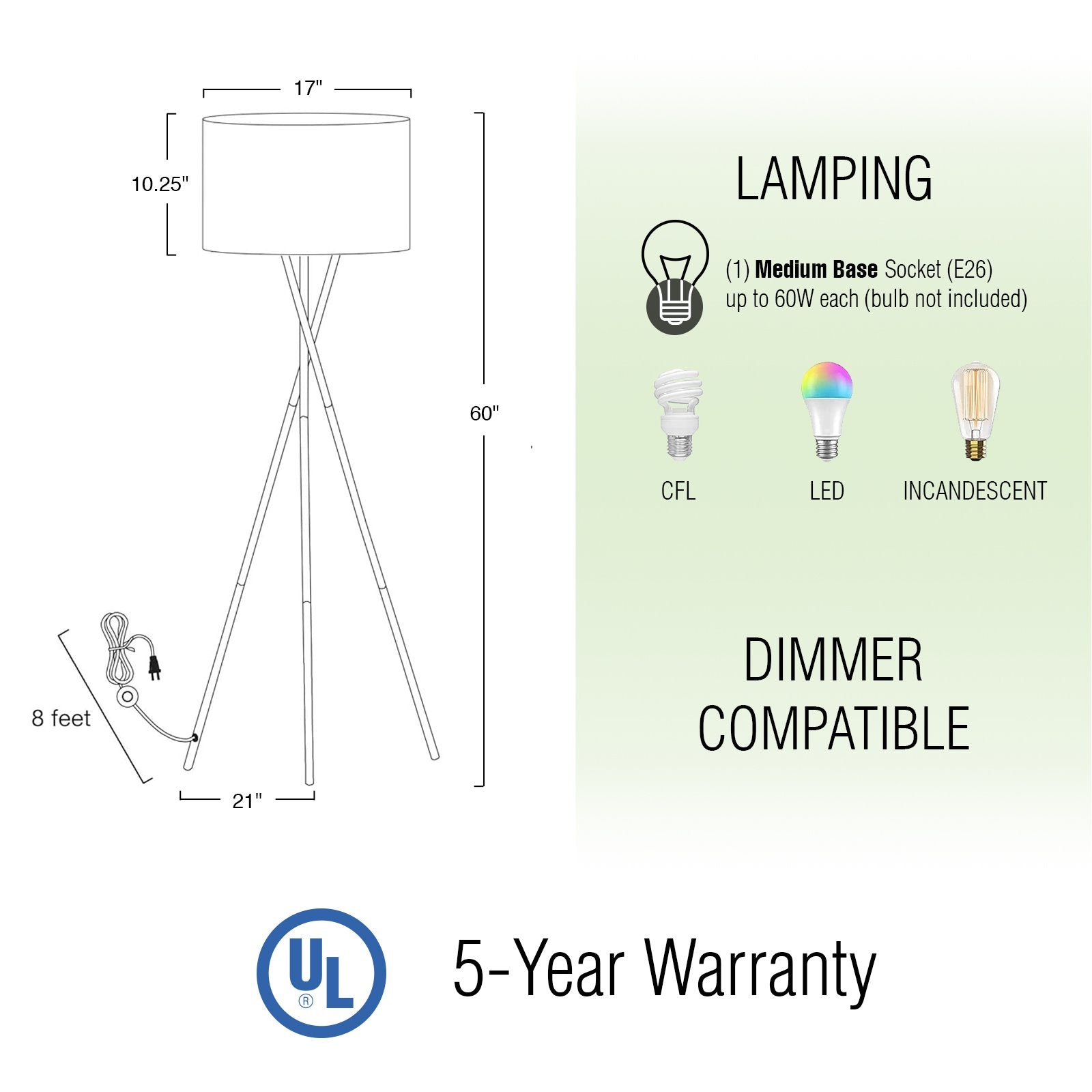 Lampadaire trépied Sadie 60, style moderne du milieu du siècle, LED 9W