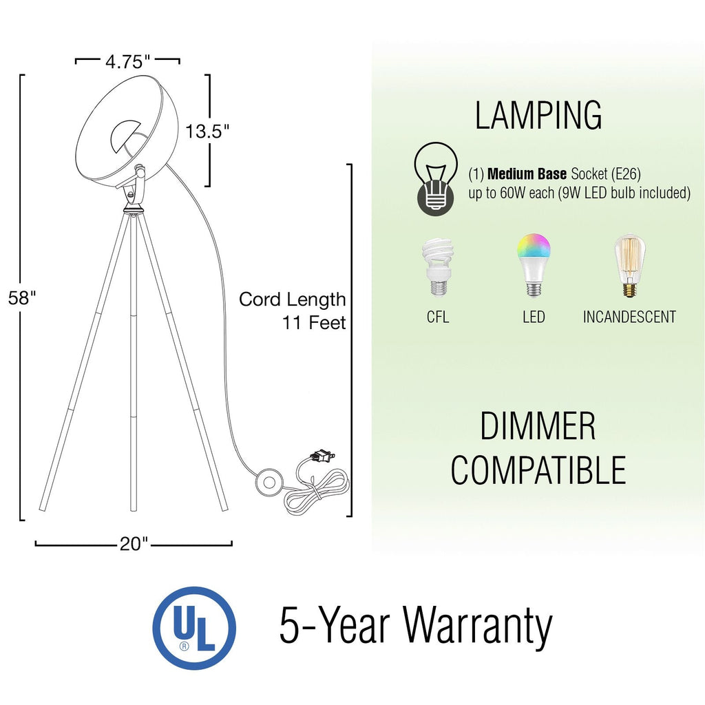 Lampada da terra Sulis 58 LED 9W, moderna industriale, treppiede