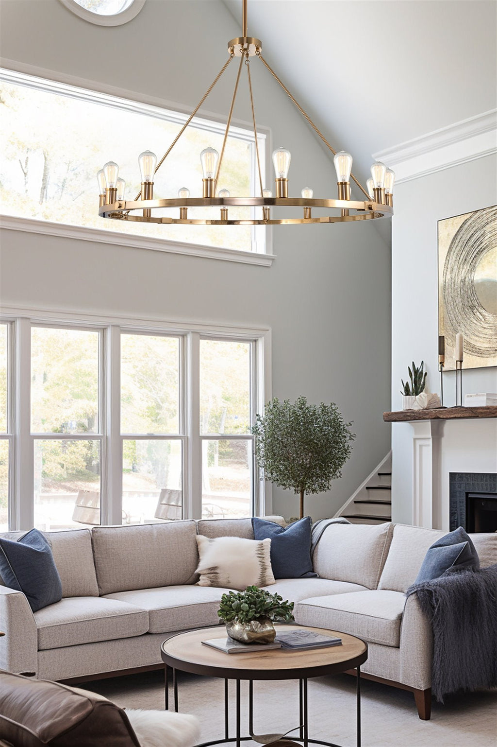 Lustre rustique Homestead 48 à 16 lumières pour îlot de cuisine, en forme de roue de chariot.