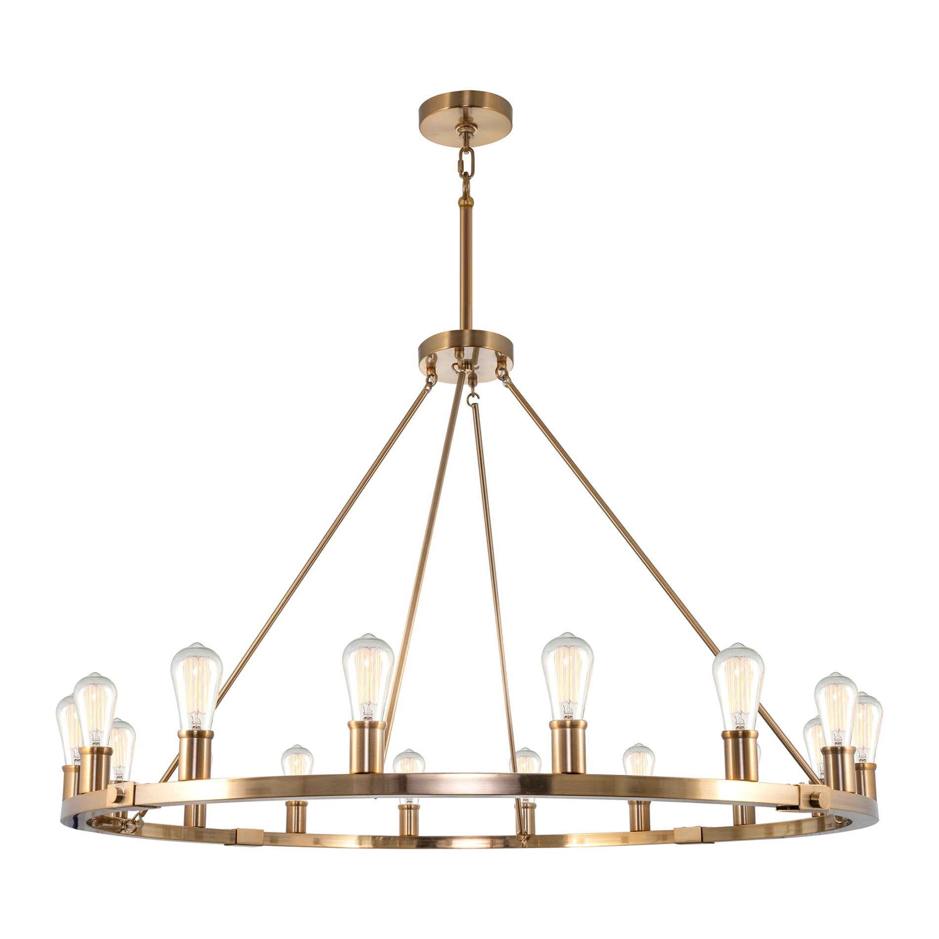 Lustre rustique Homestead 48 à 16 lumières pour îlot de cuisine, en forme de roue de chariot.