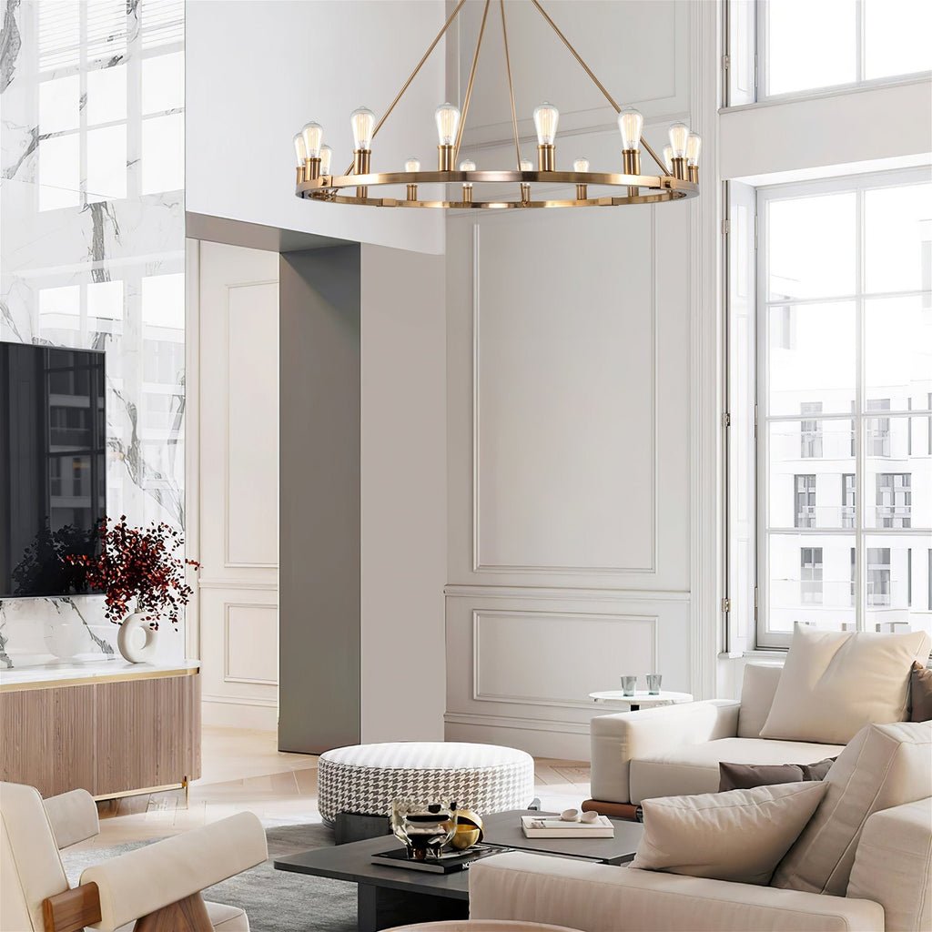 Lustre rustique Homestead 48 à 16 lumières pour îlot de cuisine, en forme de roue de chariot.