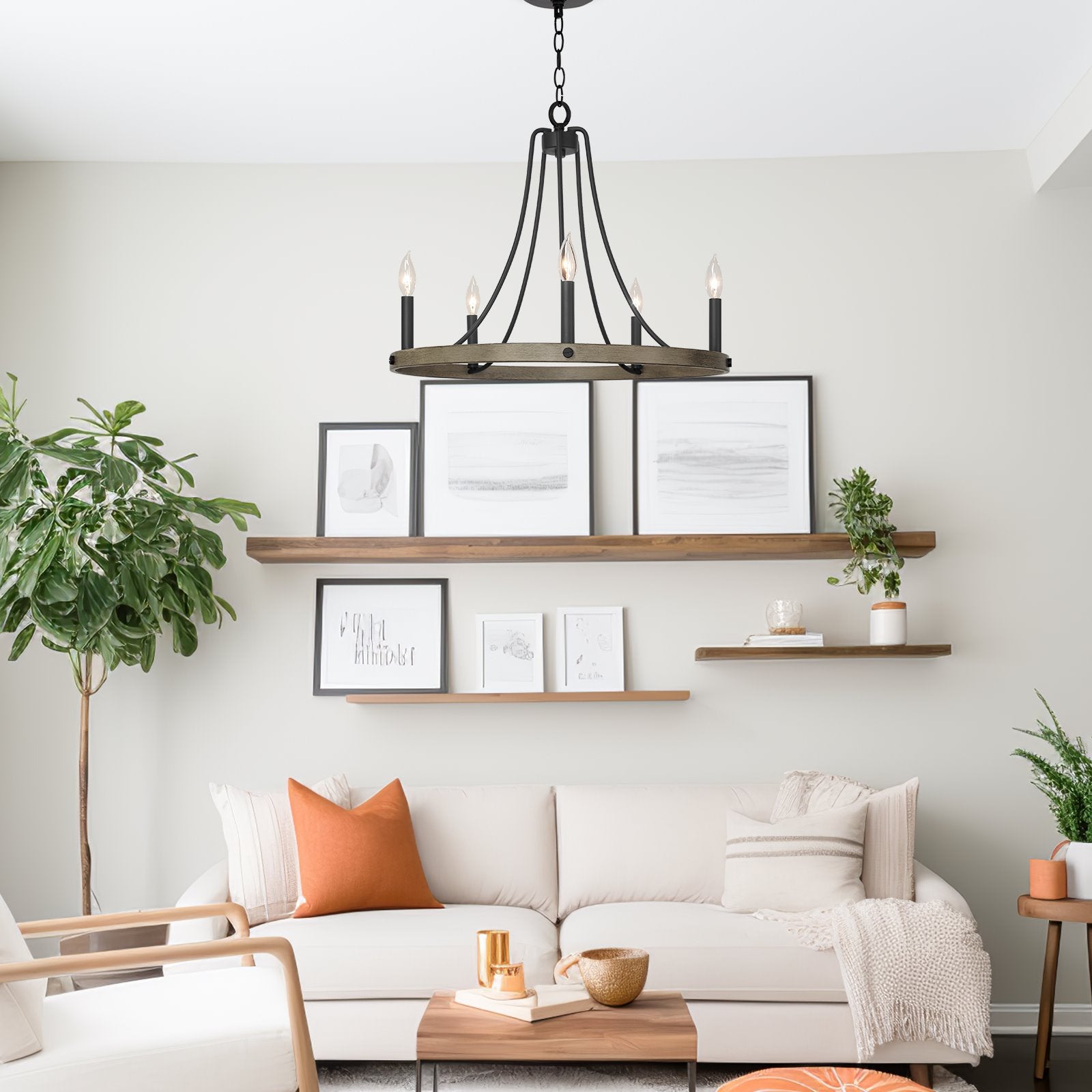 Lustre/applique murale rustique Fairbrook 25 à 5 lumières, style ferme, en forme de roue de chariot, pour îlot de cuisine.