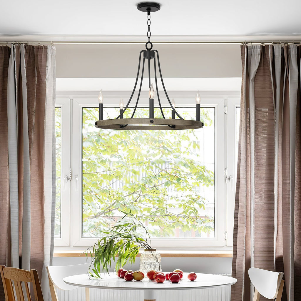 Lustre/applique murale rustique Fairbrook 25 à 5 lumières, style ferme, en forme de roue de chariot, pour îlot de cuisine.