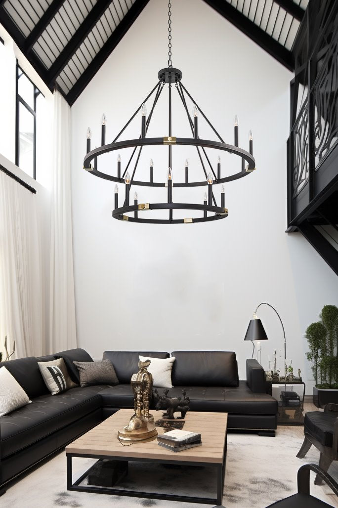 Lustre industriel rustique à 20 lumières Homestead 41, style ferme, à deux niveaux, en forme de roue de chariot, pour îlot de cuisine.