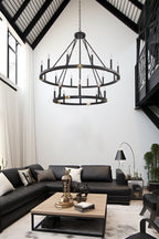 Lustre industriel rustique à 20 lumières Homestead 41, style ferme, à deux niveaux, en forme de roue de chariot, pour îlot de cuisine.