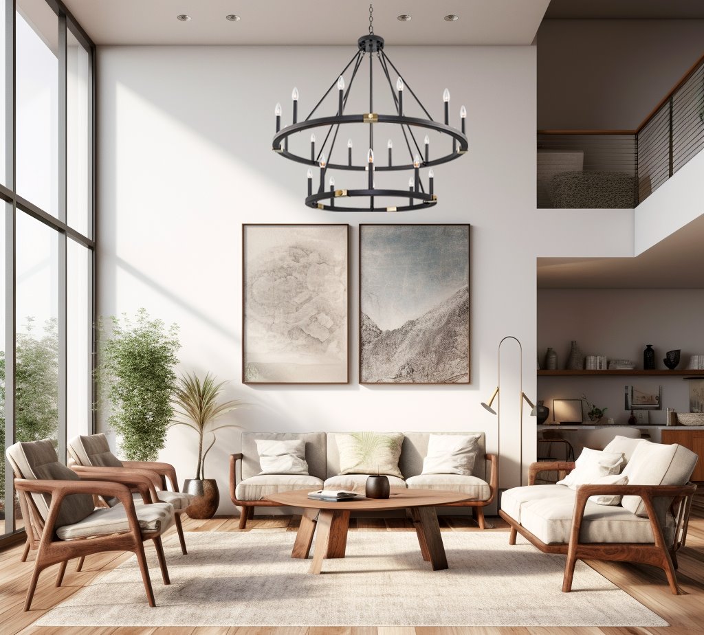 Lustre industriel rustique à 20 lumières Homestead 41, style ferme, à deux niveaux, en forme de roue de chariot, pour îlot de cuisine.