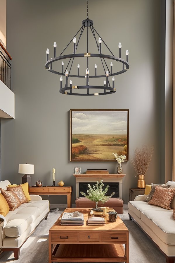 Lustre industriel rustique à 20 lumières Homestead 41, style ferme, à deux niveaux, en forme de roue de chariot, pour îlot de cuisine.