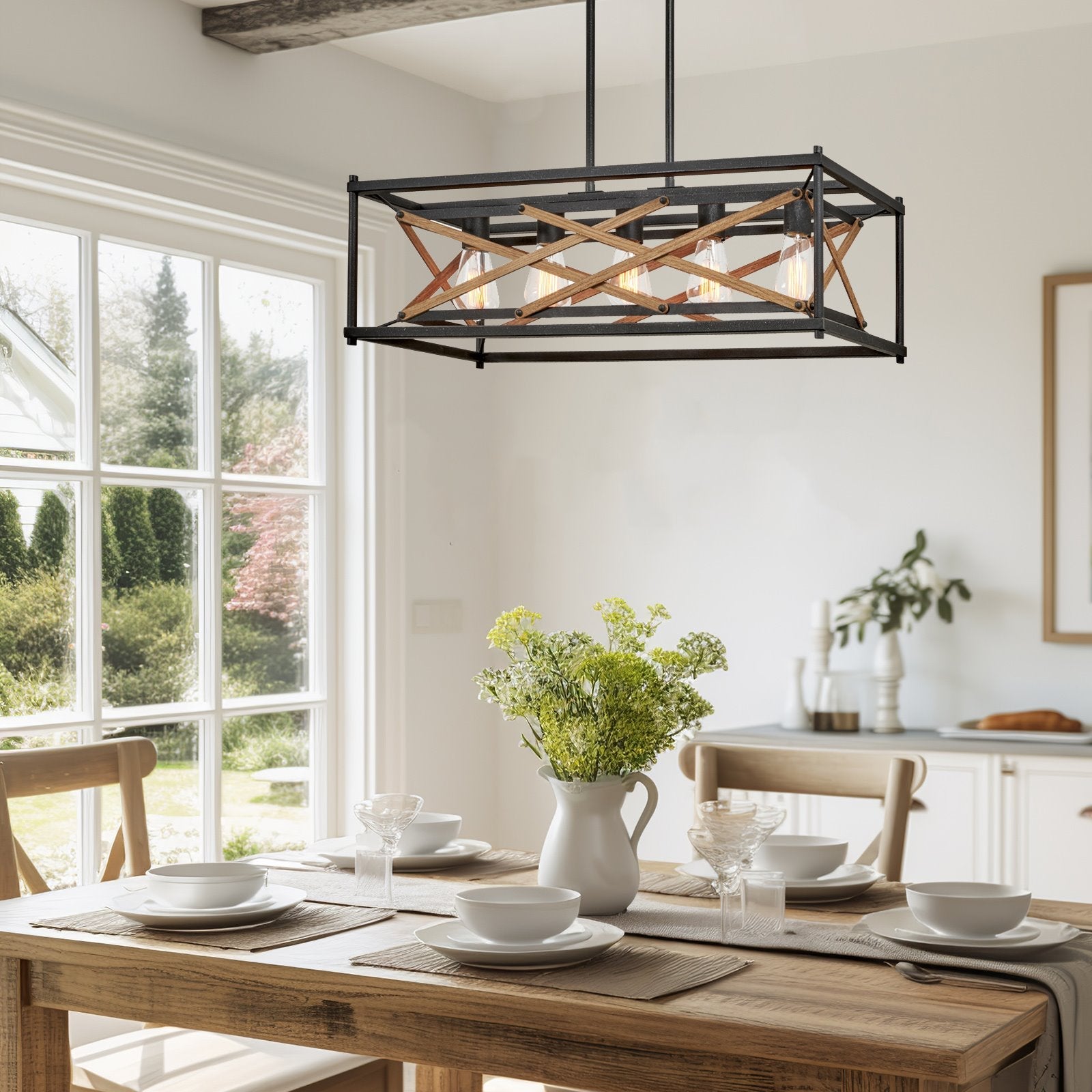 Applique murale rectangulaire Lexington 32 à 5 lumières, style ferme, pour îlot de cuisine ou table de billard.