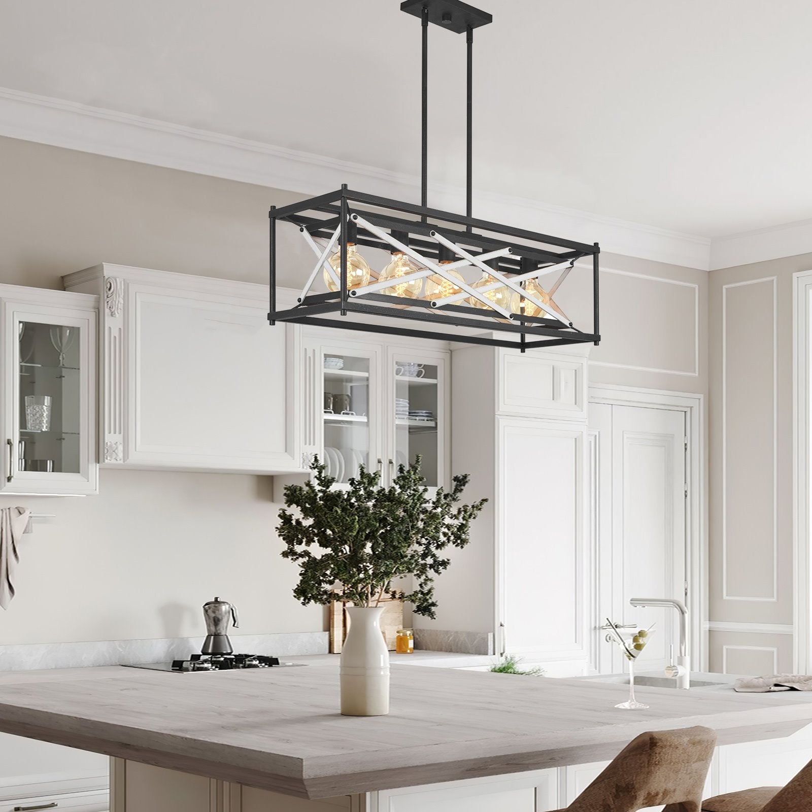 Applique murale rectangulaire Lexington 32 à 5 lumières, style ferme, pour îlot de cuisine ou table de billard.