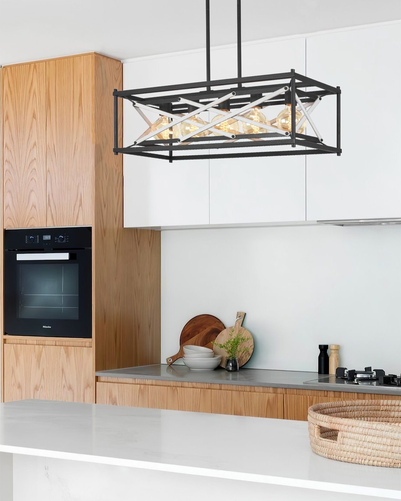 Applique murale rectangulaire Lexington 32 à 5 lumières, style ferme, pour îlot de cuisine ou table de billard.