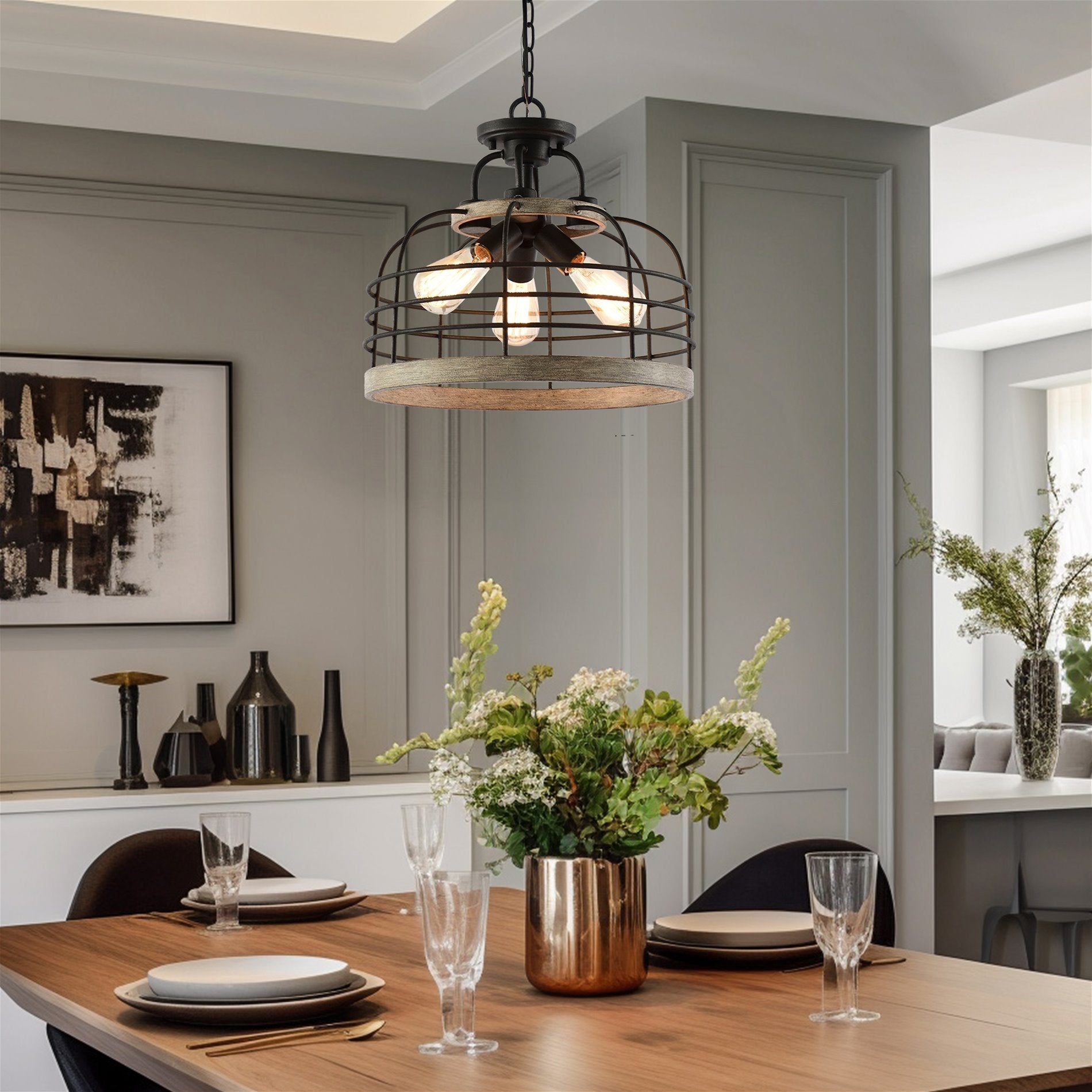 Lustre suspendu semi-encastré convertible Sawyer 17 à 3 lumières, style industriel et campagnard