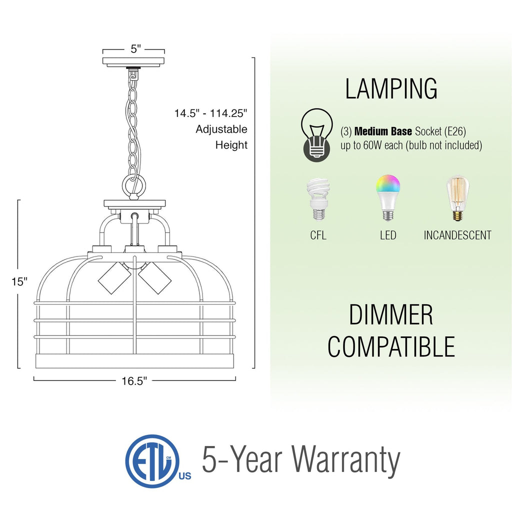 Lustre suspendu semi-encastré convertible Sawyer 17 à 3 lumières, style industriel et campagnard