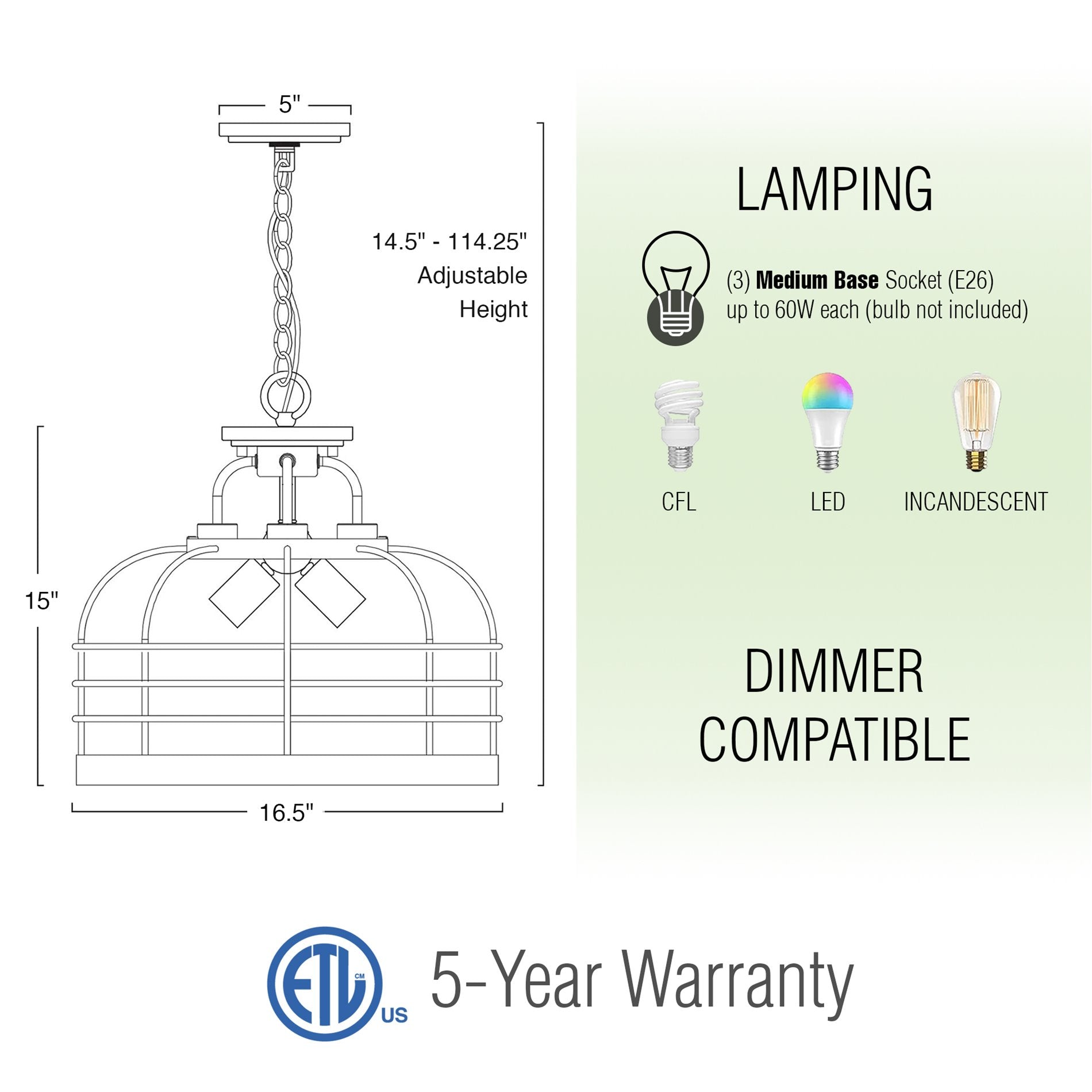 Lustre suspendu semi-encastré convertible Sawyer 17 à 3 lumières, style industriel et campagnard
