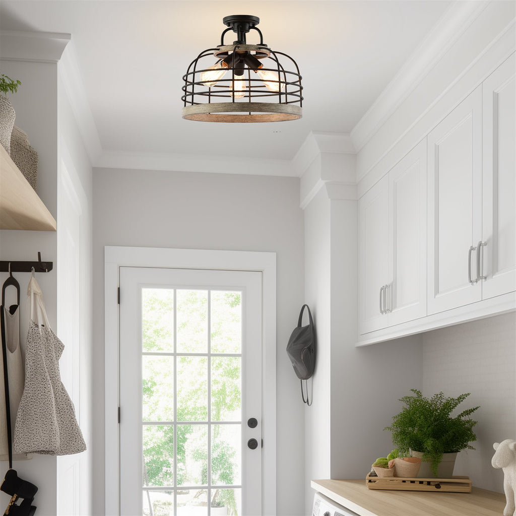 Lustre suspendu semi-encastré convertible Sawyer 17 à 3 lumières, style industriel et campagnard