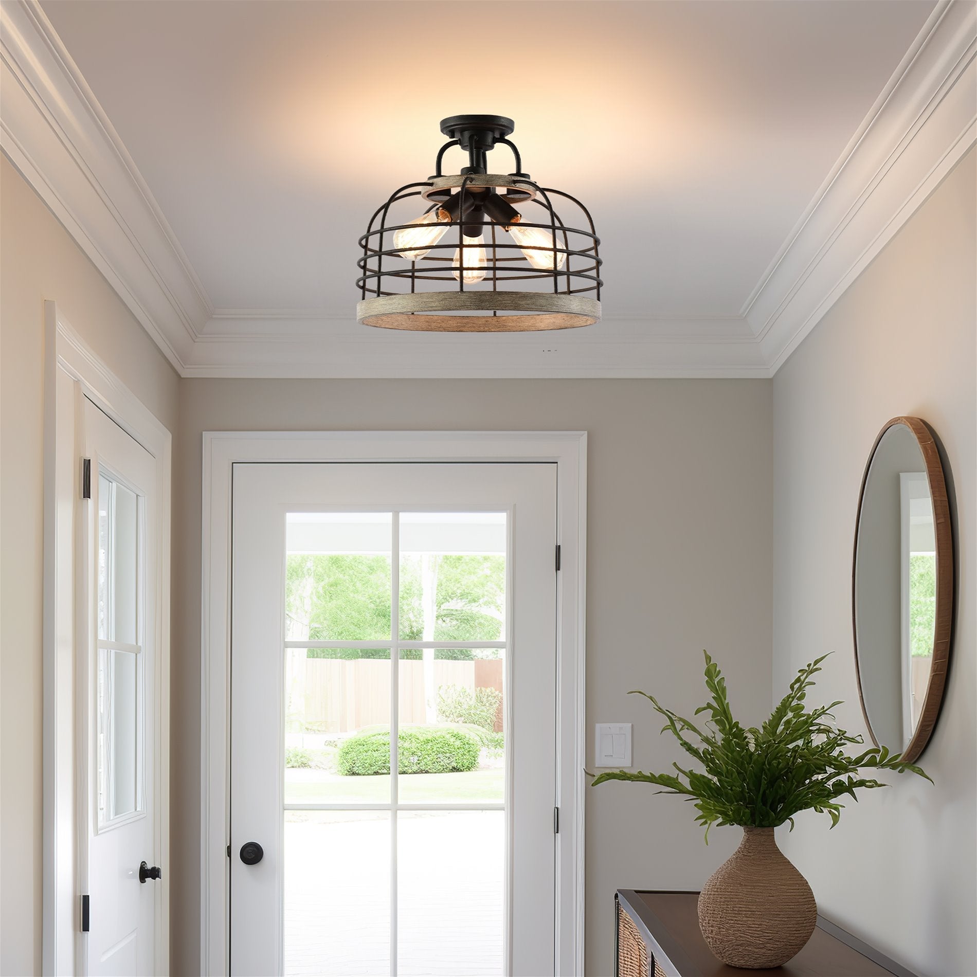 Lustre suspendu semi-encastré convertible Sawyer 17 à 3 lumières, style industriel et campagnard