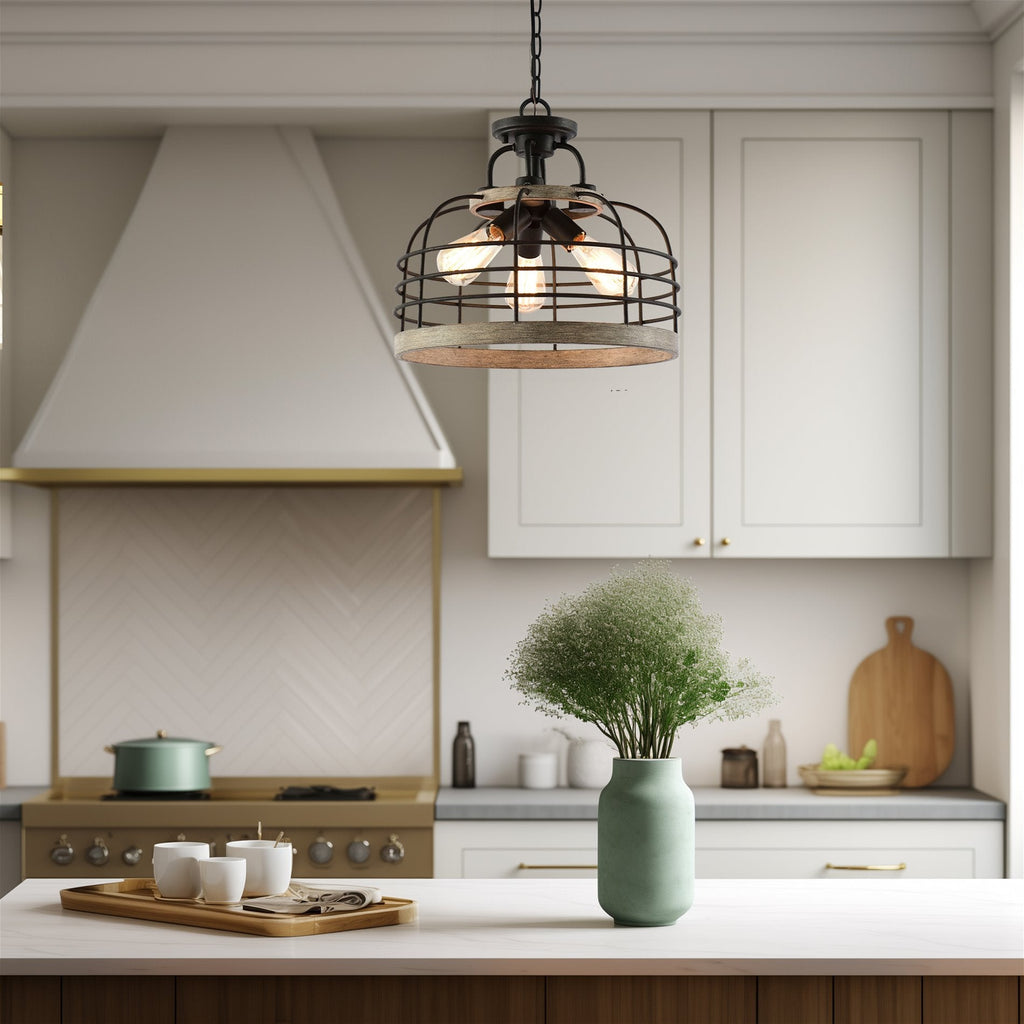 Lustre suspendu semi-encastré convertible Sawyer 17 à 3 lumières, style industriel et campagnard