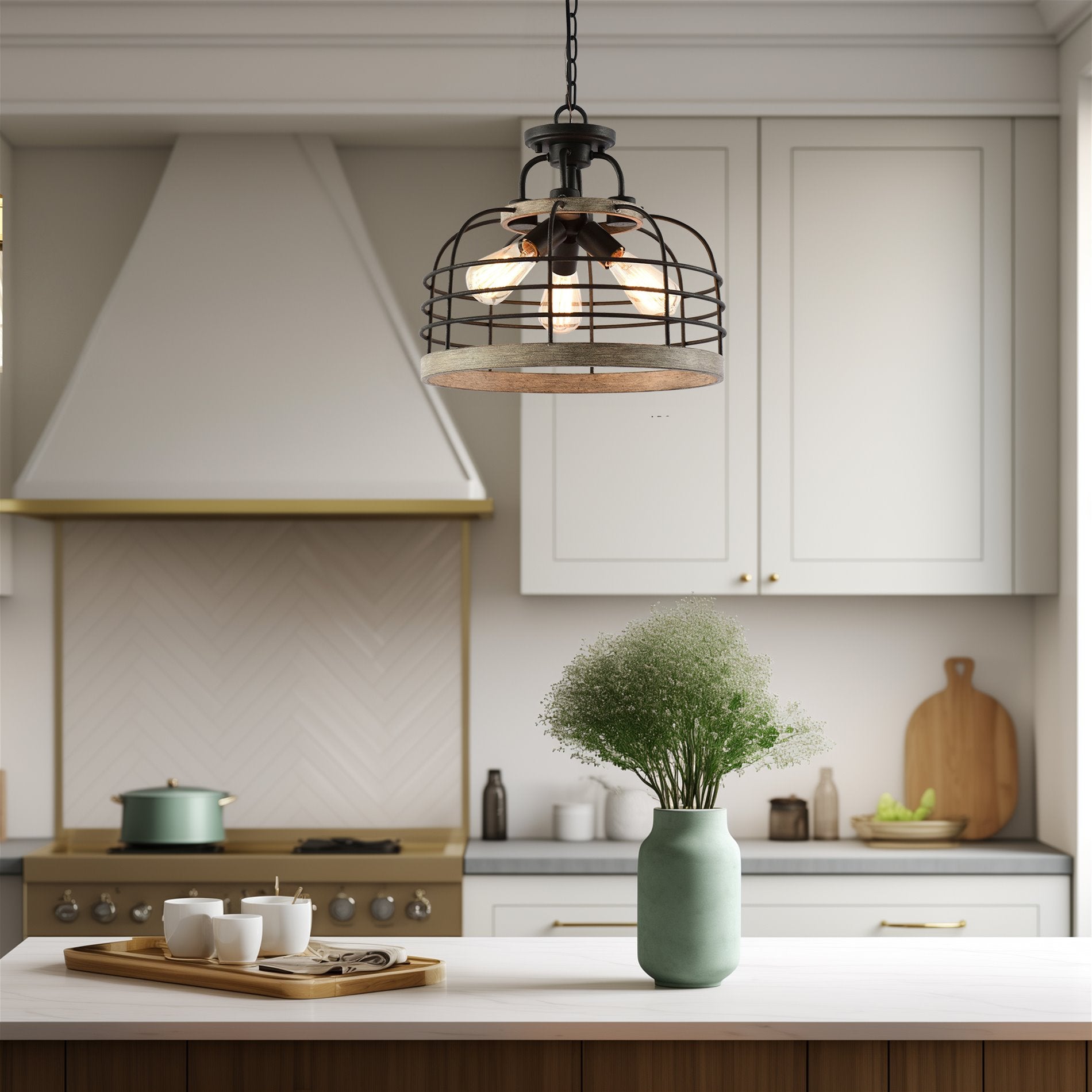 Lustre suspendu semi-encastré convertible Sawyer 17 à 3 lumières, style industriel et campagnard