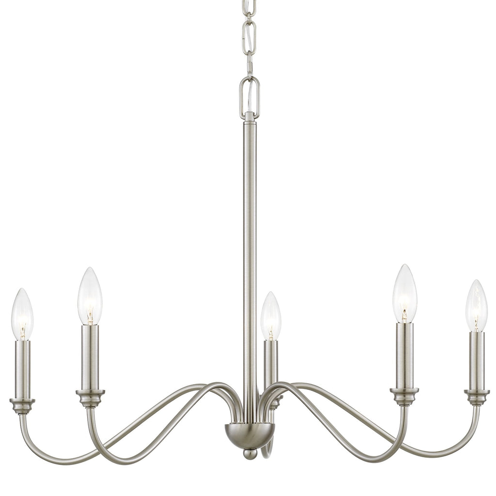 Lustre moderne Kira Home Archer 28 à 5 lumières, grand format, bras incurvés, hauteur de suspension réglable, finition nickel brossé