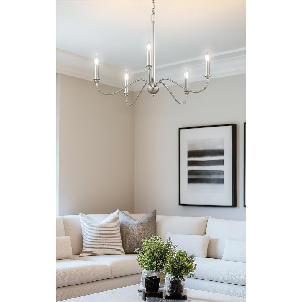 Lustre moderne Kira Home Archer 28 à 5 lumières, grand format, bras incurvés, hauteur de suspension réglable, finition nickel brossé