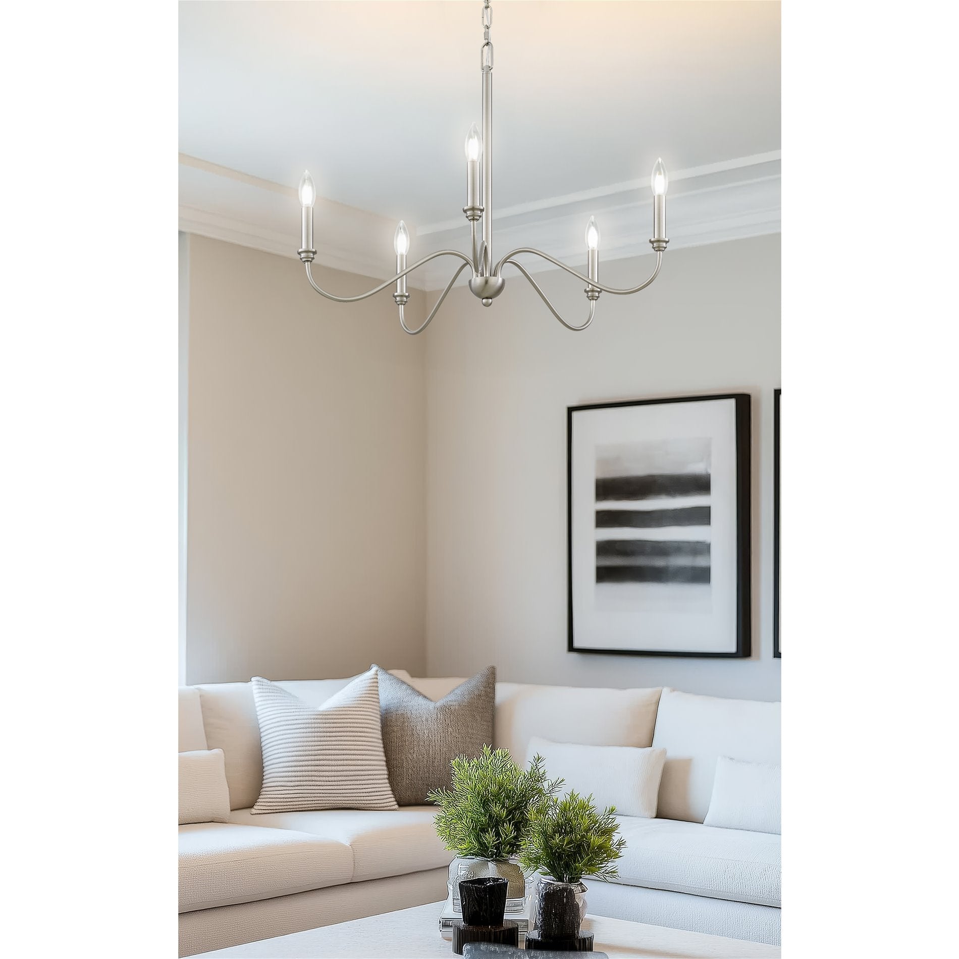 Lustre moderne Kira Home Archer 28 à 5 lumières, grand format, bras incurvés, hauteur de suspension réglable, finition nickel brossé