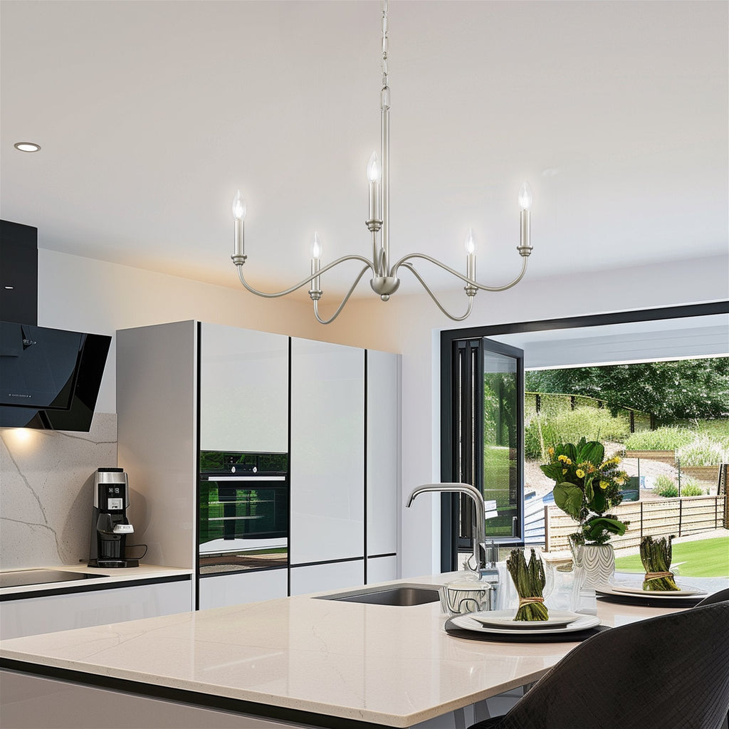 Lustre moderne Kira Home Archer 28 à 5 lumières, grand format, bras incurvés, hauteur de suspension réglable, finition nickel brossé