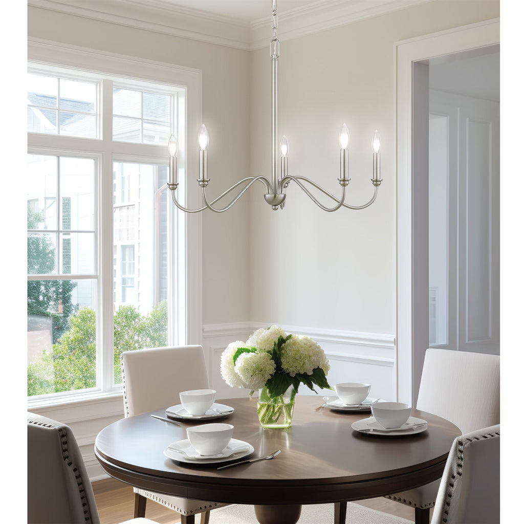 Lustre moderne Kira Home Archer 28 à 5 lumières, grand format, bras incurvés, hauteur de suspension réglable, finition nickel brossé