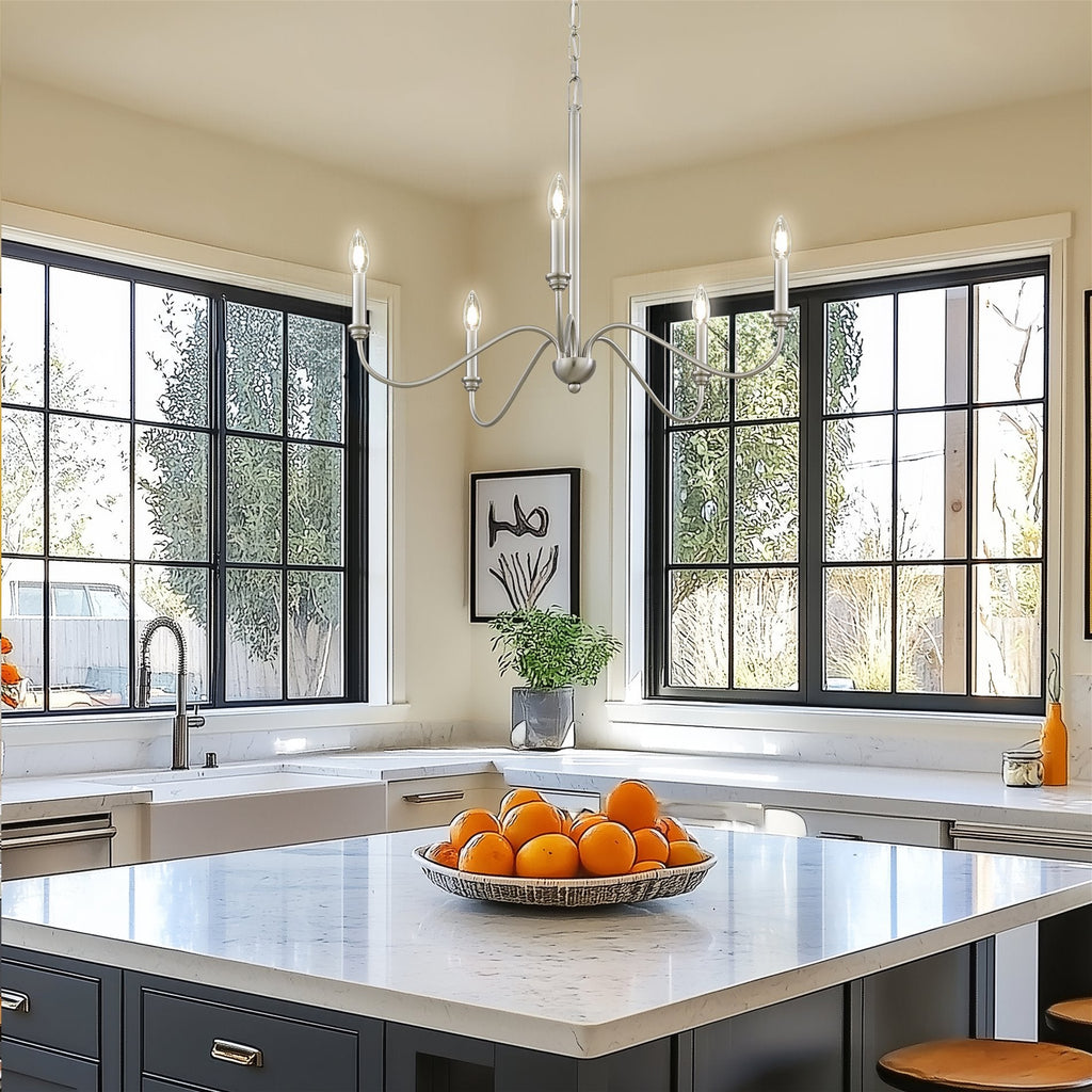 Lustre moderne Kira Home Archer 28 à 5 lumières, grand format, bras incurvés, hauteur de suspension réglable, finition nickel brossé