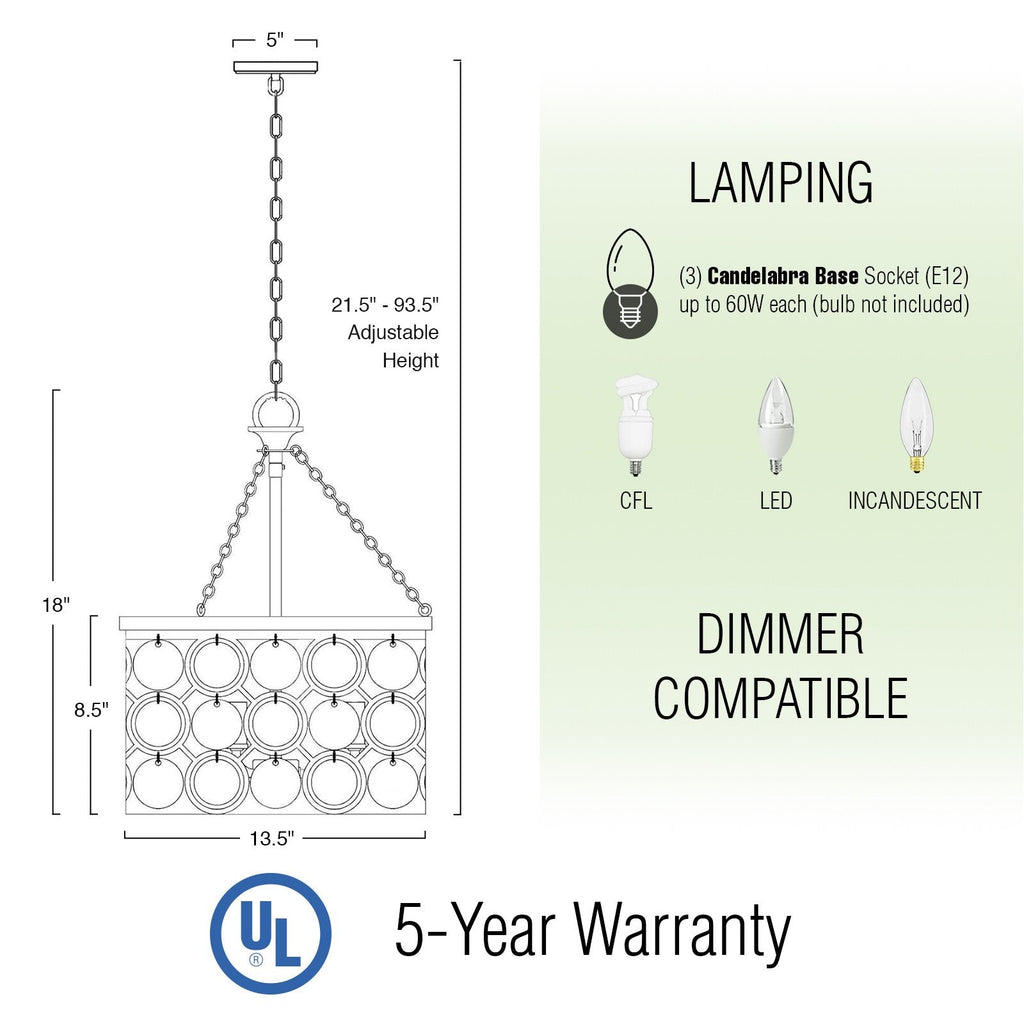 Lampadario a sospensione Estelle 18 Modern Chic a 3 luci con cristalli