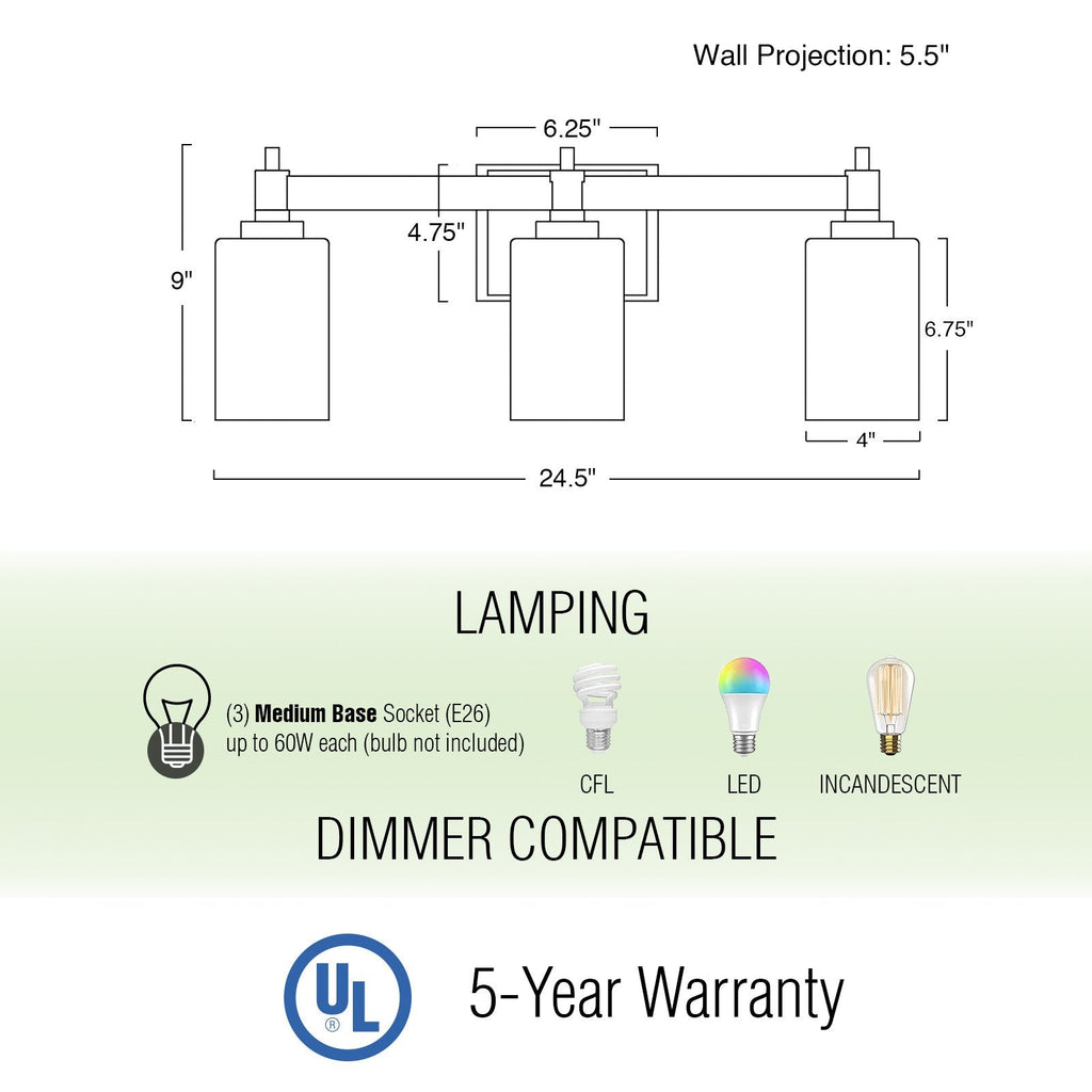Luminaire Theo 25 à 3 lumières, style ferme moderne, pour salle de bain ou meuble-lavabo.