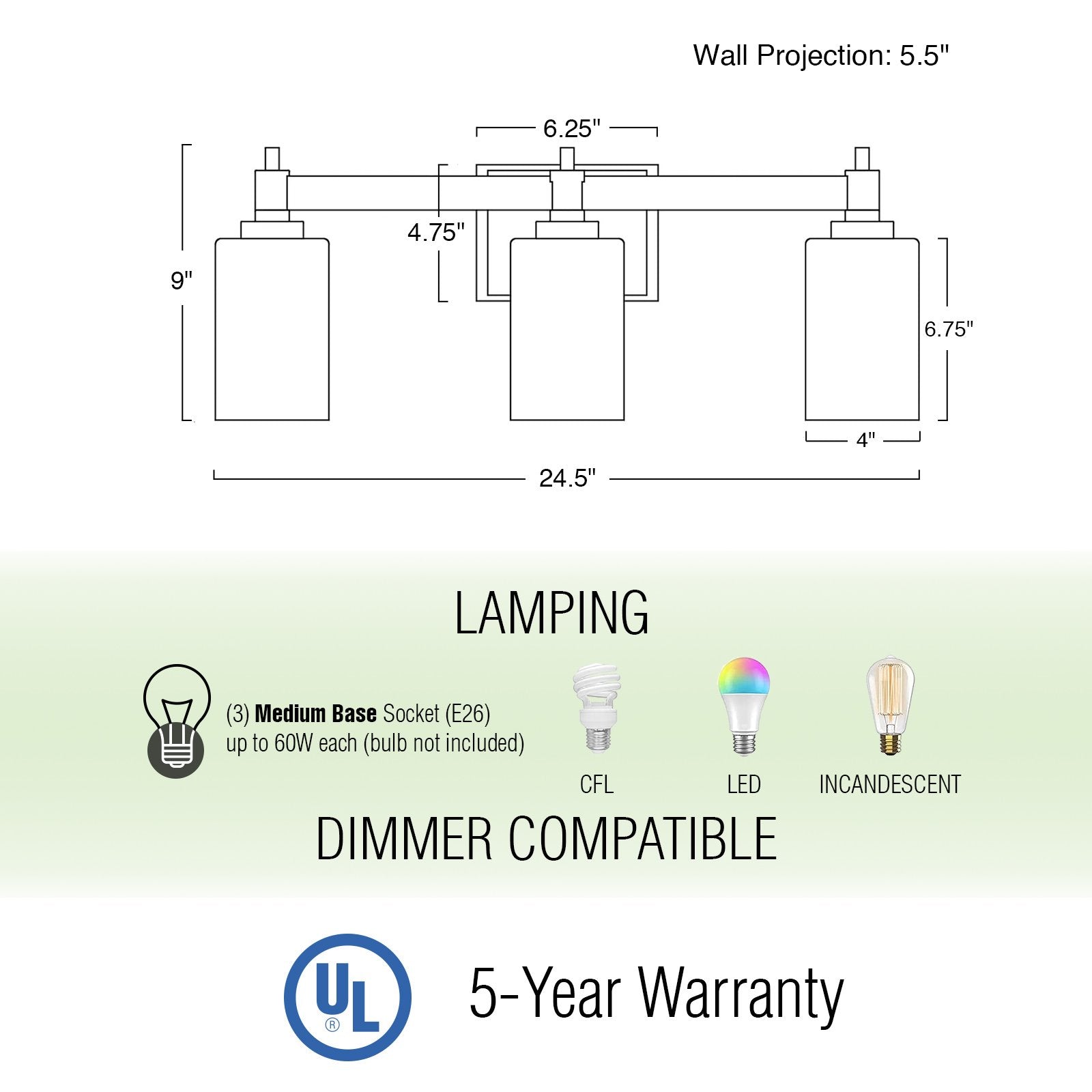 Luminaire Theo 25 à 3 lumières, style ferme moderne, pour salle de bain ou meuble-lavabo.