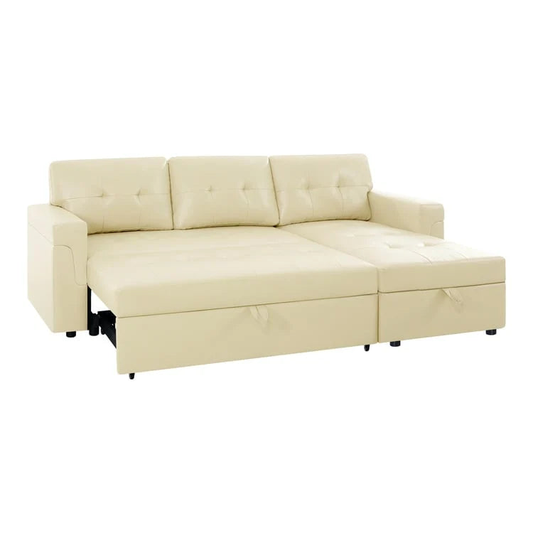 Canapé d'angle convertible et réversible avec lit gigogne, méridienne de rangement dissimulée et pieds robustes.