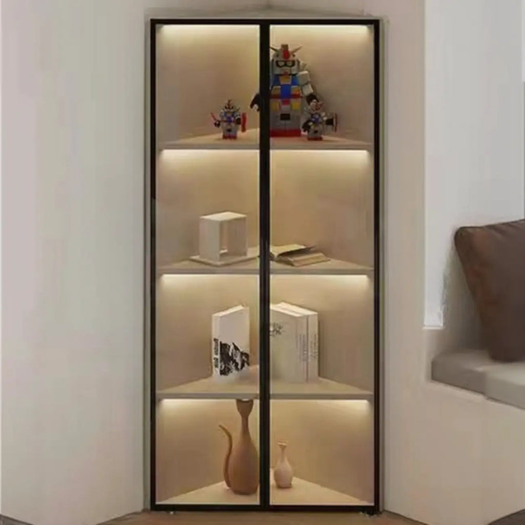 Vitrine d'angle moderne en métal gris et bois avec porte vitrée