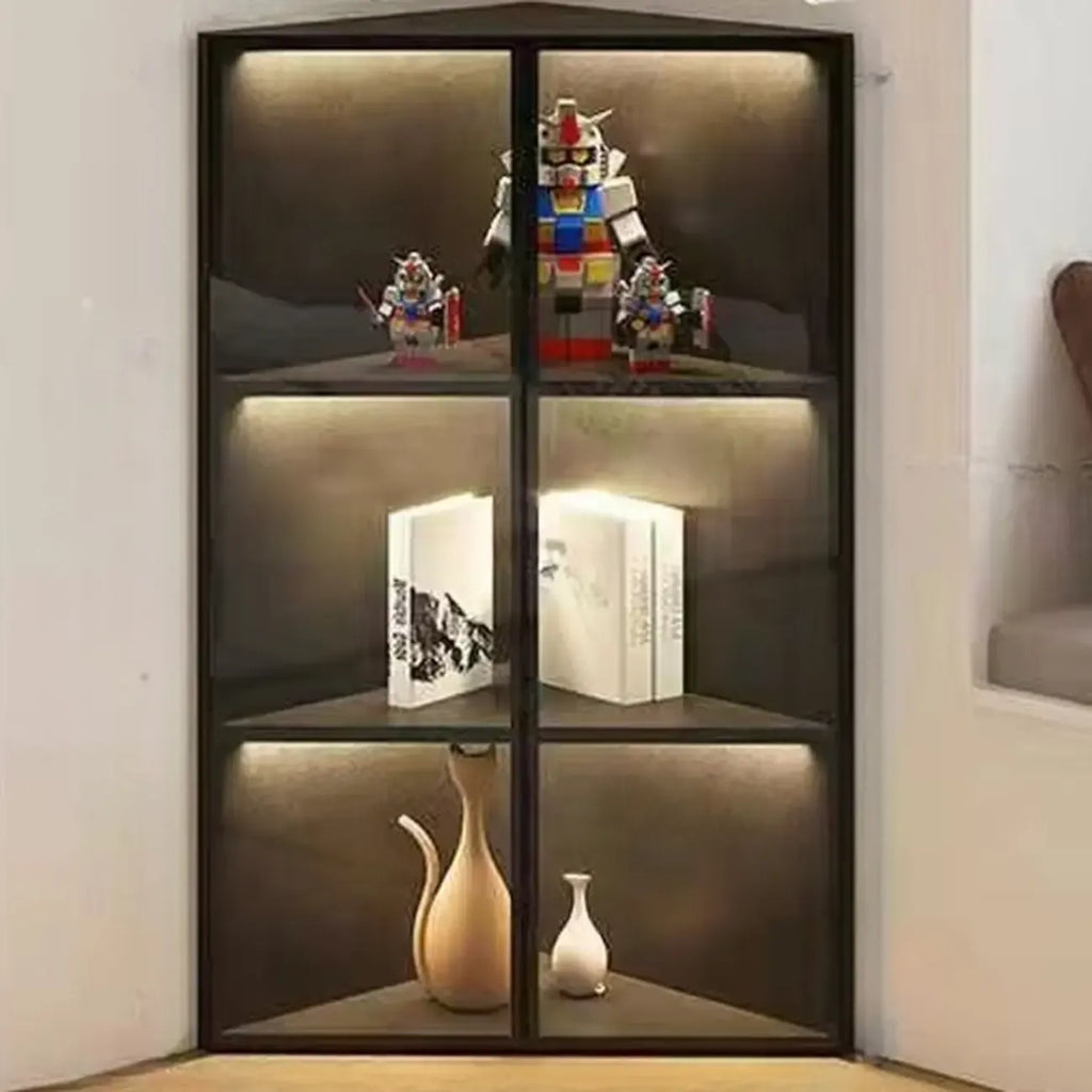 Vitrine d'angle moderne en métal gris et bois avec porte vitrée
