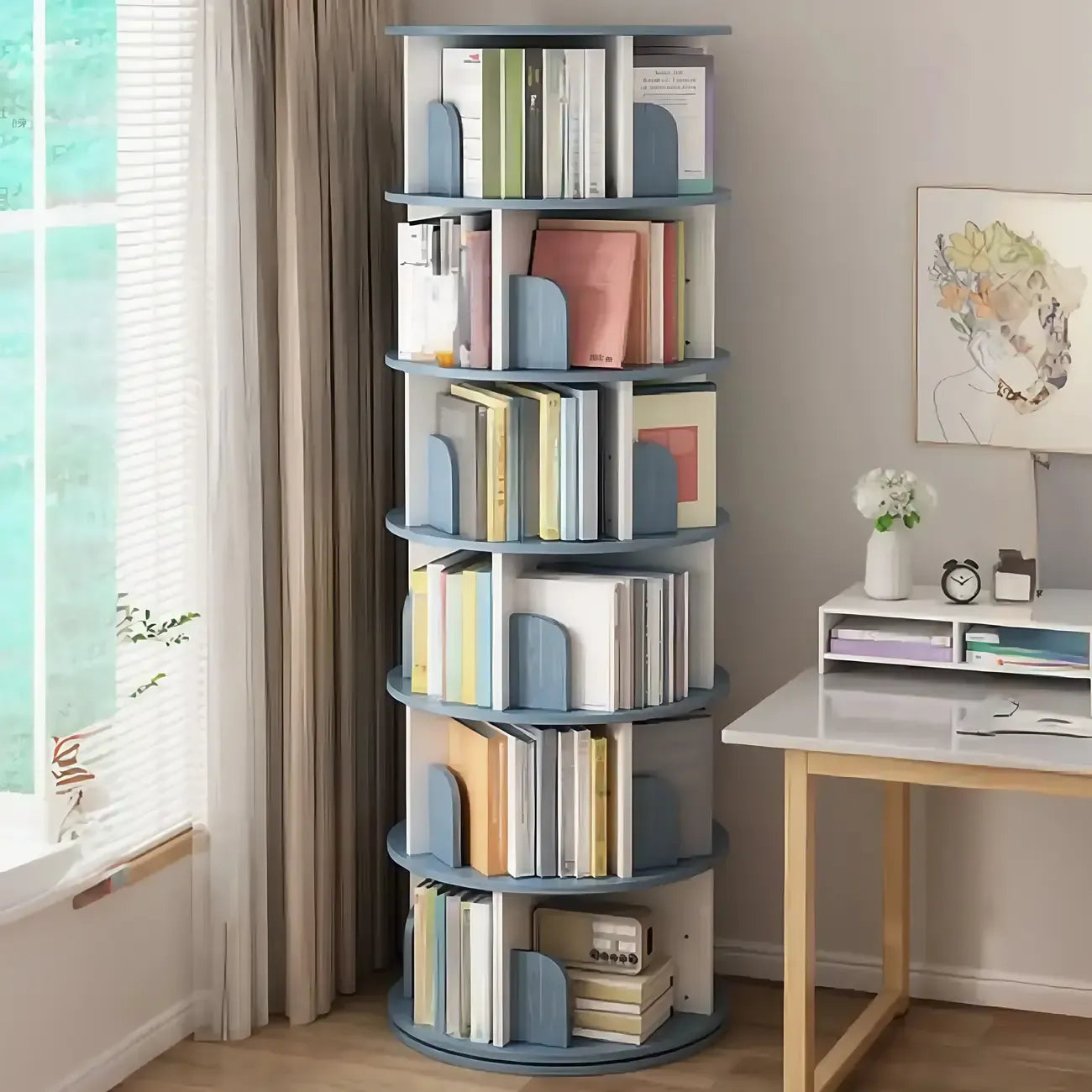 Bibliothèque cylindrique en bois marron à dos ouvert et pivotante