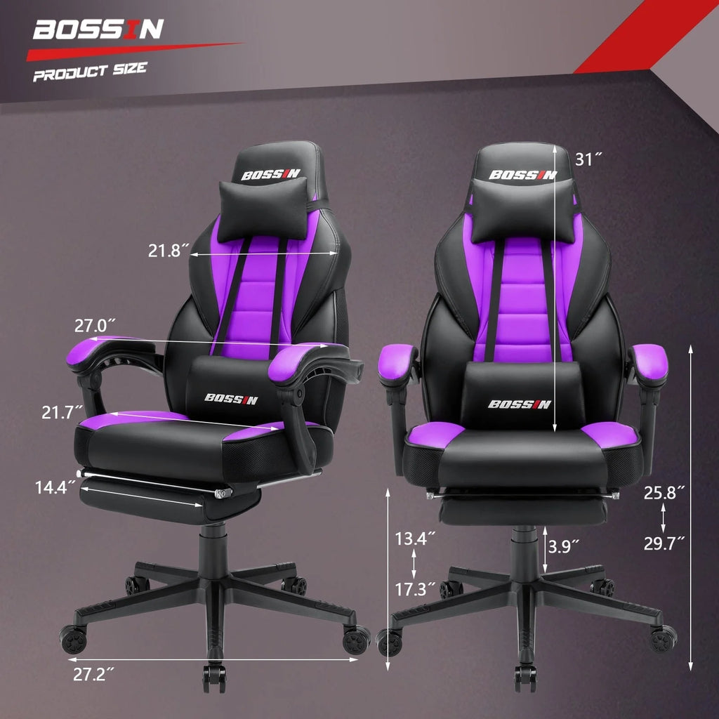 Chaise de jeu BOSSIN style racing, chaise de jeu grande taille supportant jusqu'à 136 kg (300 lbs), dossier haut, chaise d'ordinateur