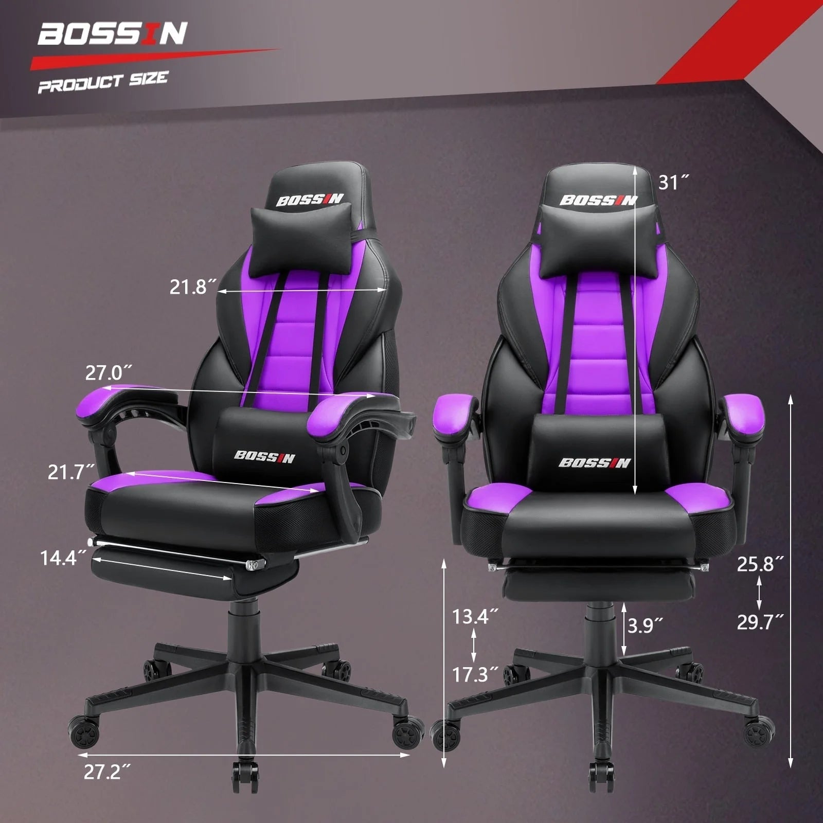 Chaise de jeu BOSSIN style racing, chaise de jeu grande taille supportant jusqu'à 136 kg (300 lbs), dossier haut, chaise d'ordinateur