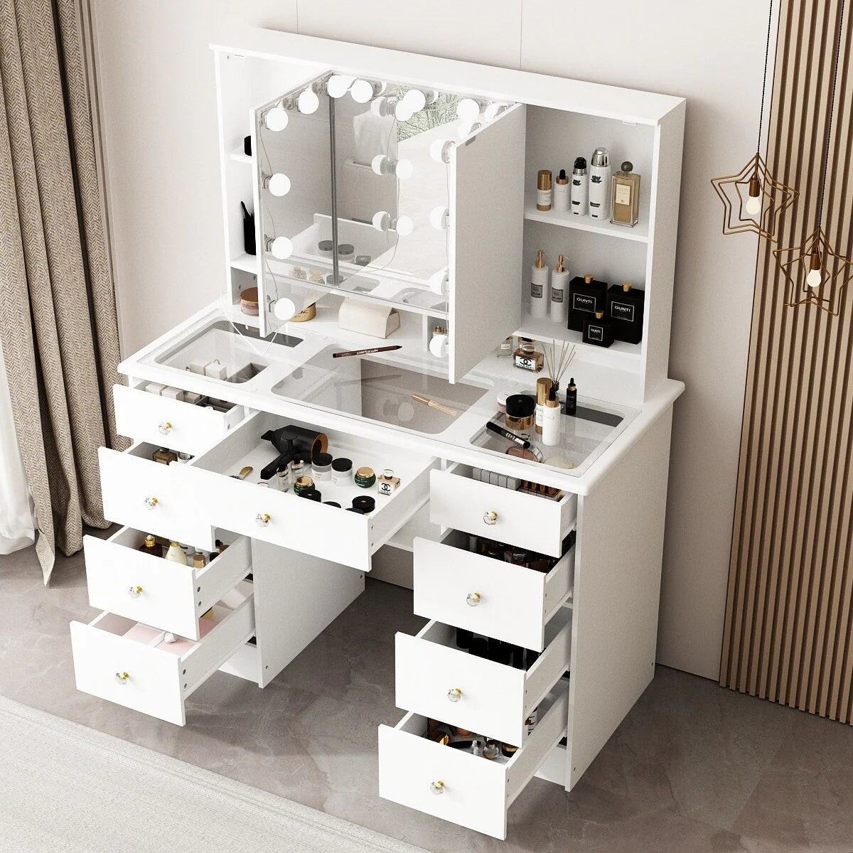 Coiffeuse avec miroir à trois volets, éclairage certifié, plateau en verre