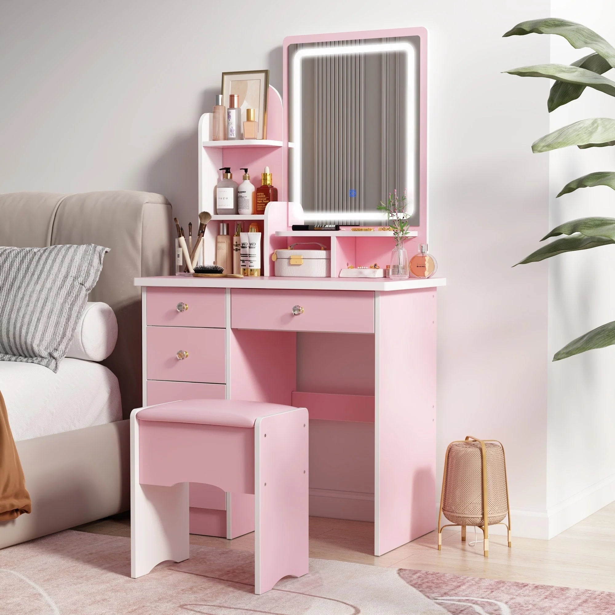 Ensemble coiffeuse avec lumière LED, miroir et tabouret