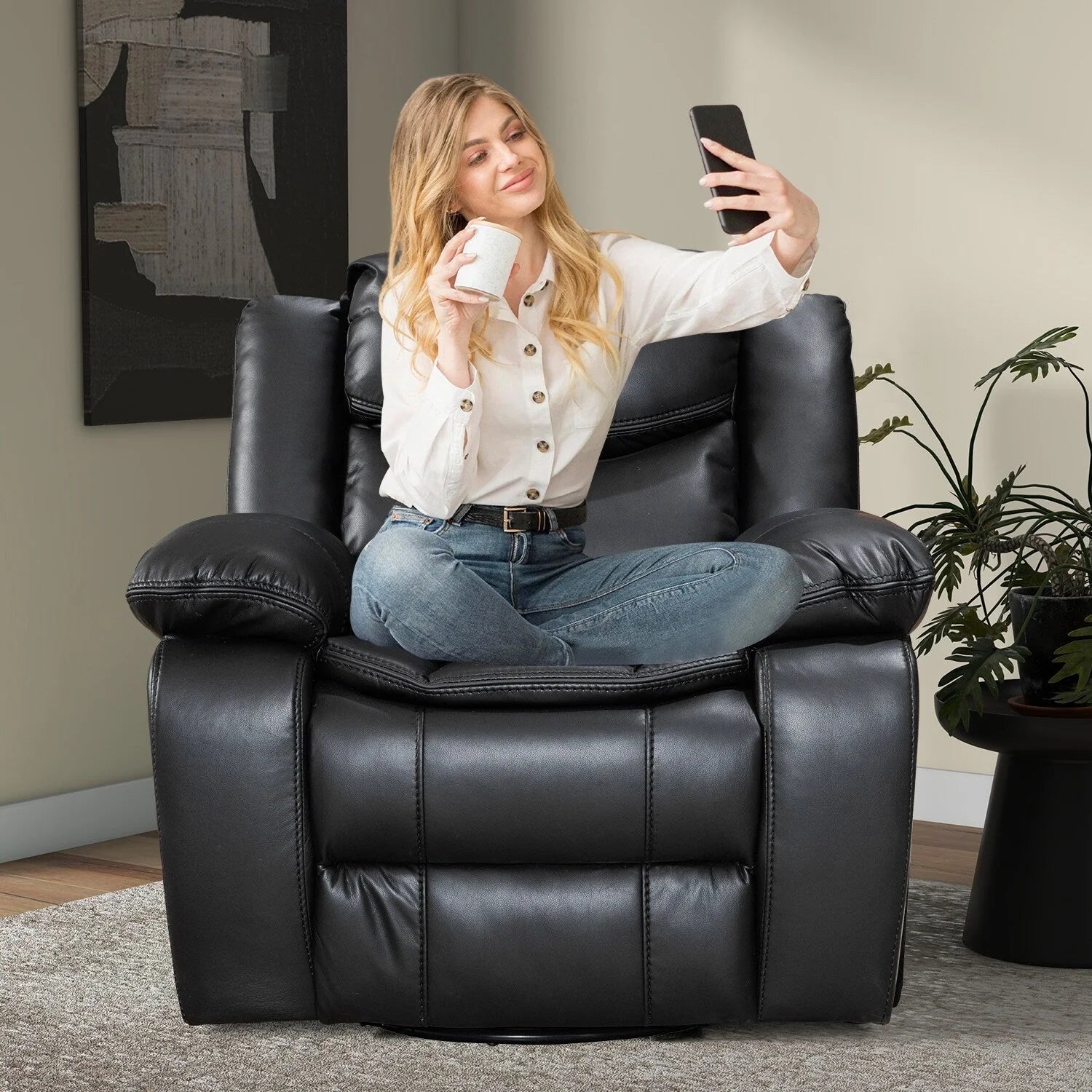 Fauteuil inclinable à large assise en cuir durable avec massage et chauffage